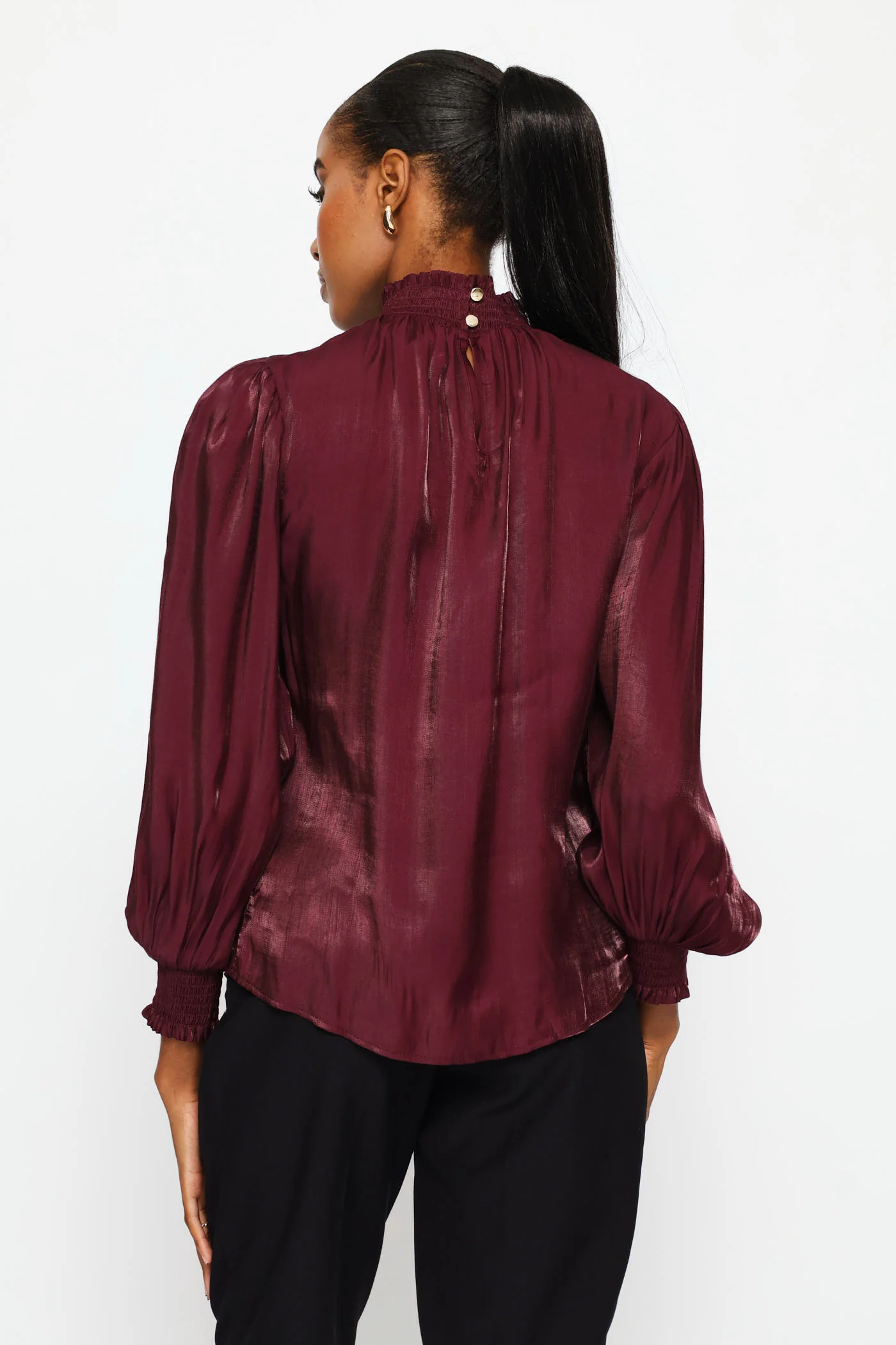 Hi-Neck Shirred Metallic Blouse - Plum - Image 4