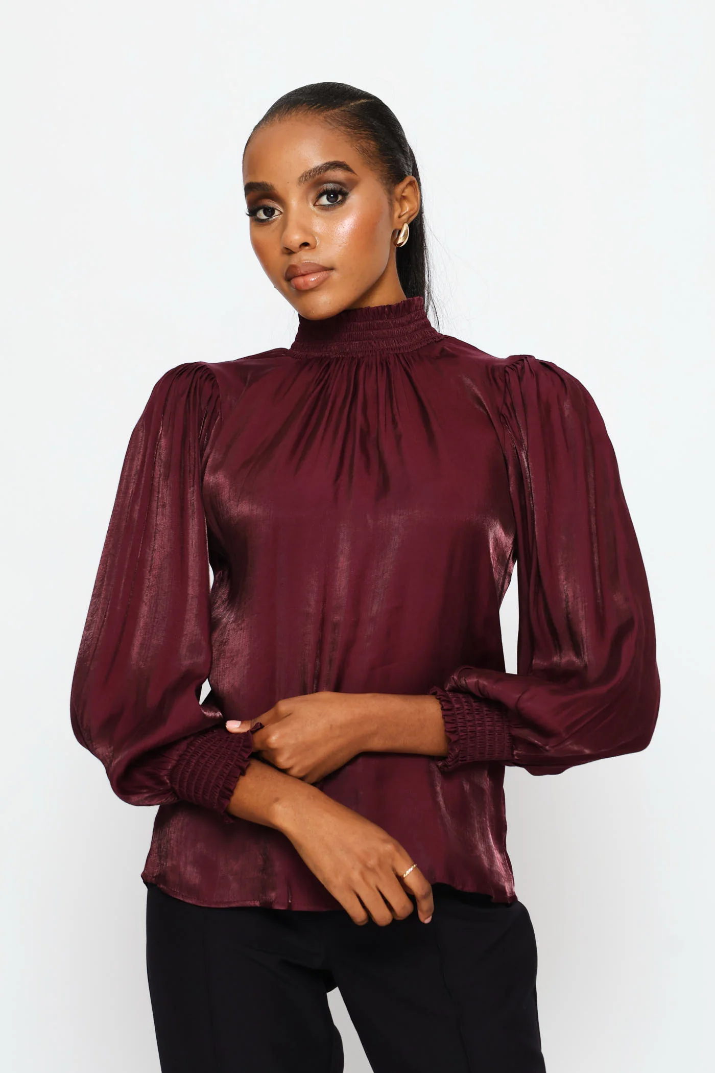 Hi-Neck Shirred Metallic Blouse - Plum - Image 5