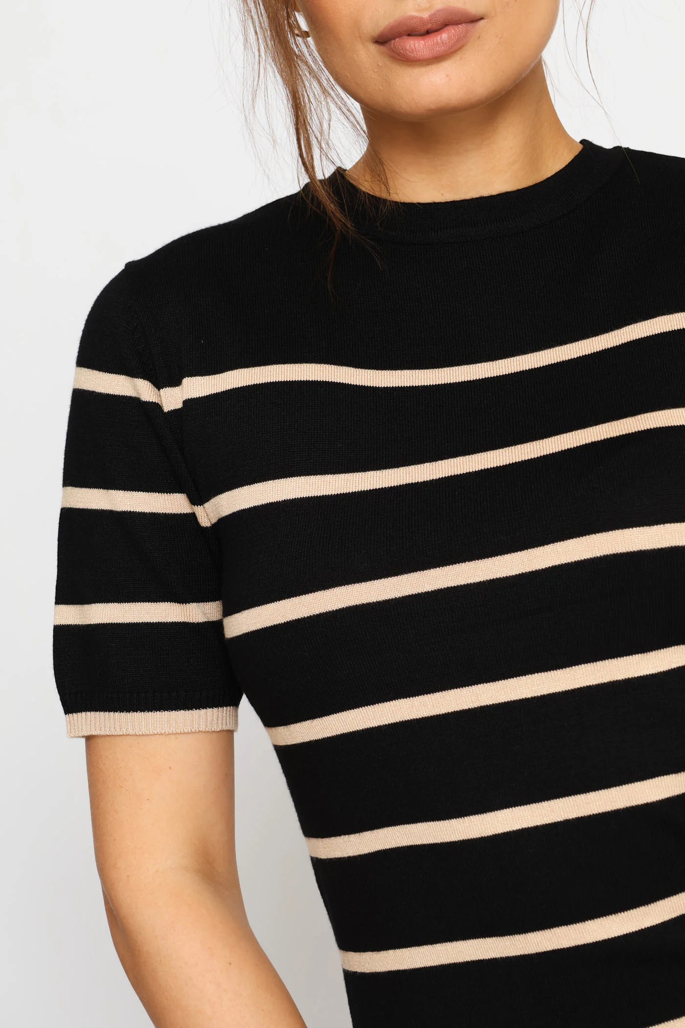 Hi Neck Short Sleeve Striped Pullover - Stone - Image 2