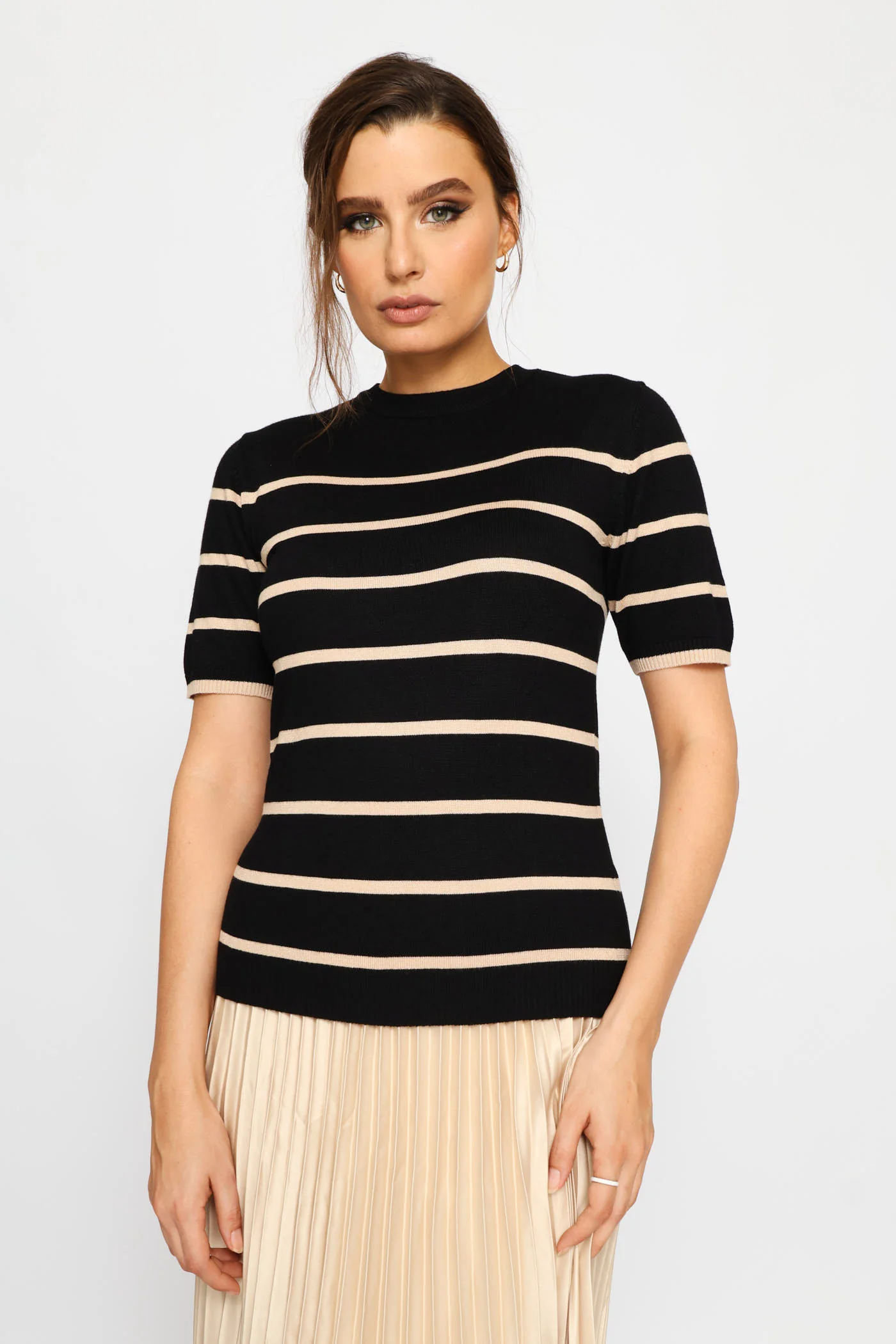 Hi Neck Short Sleeve Striped Pullover - Stone - Image 3