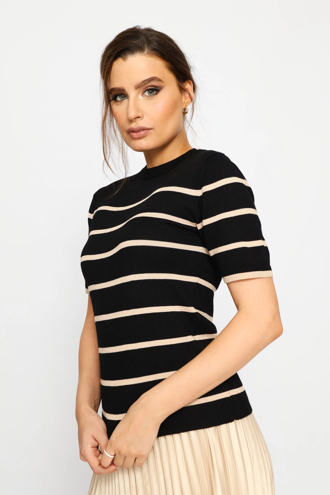 Hi Neck Short Sleeve Striped Pullover - Stone - Image 4