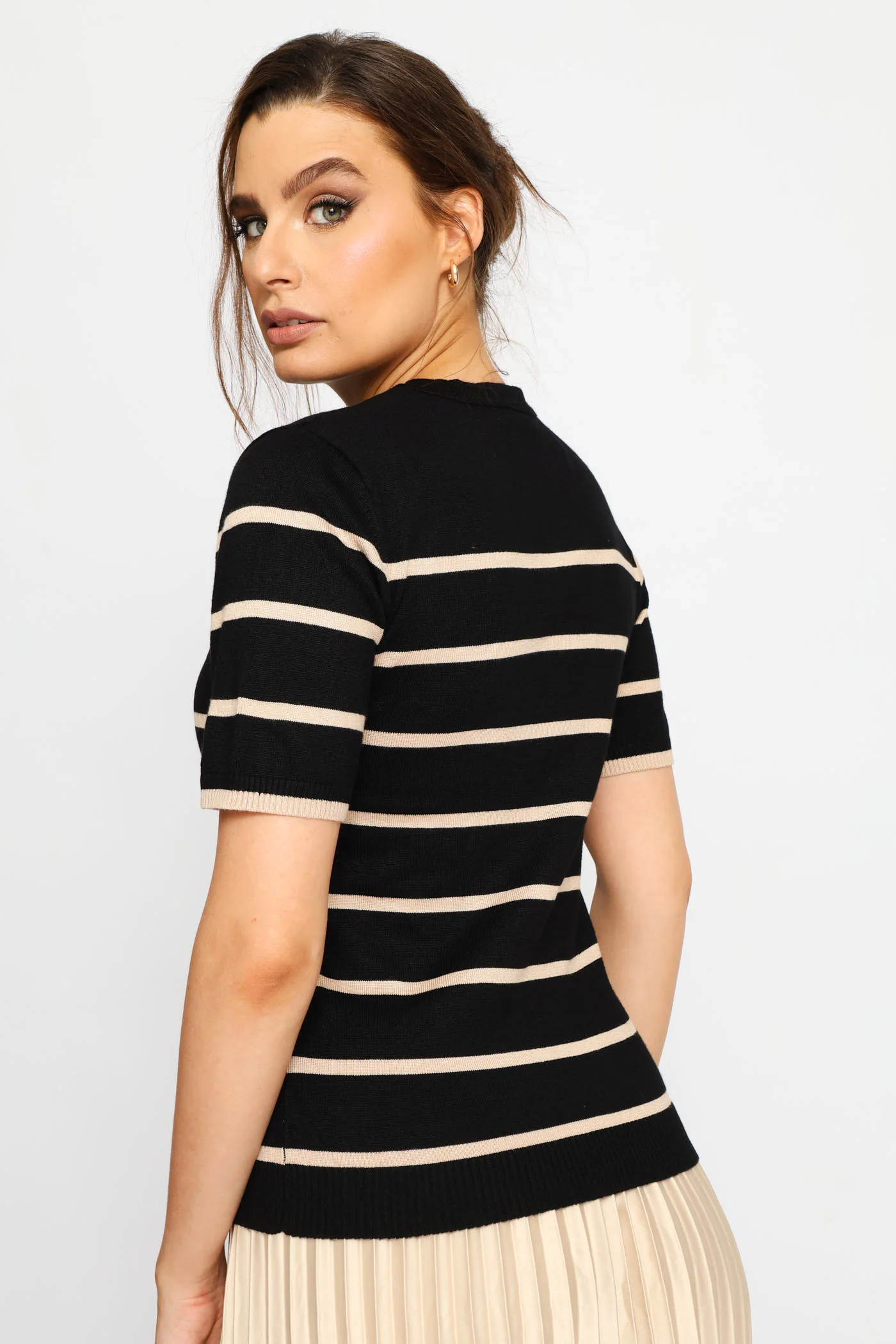 Hi Neck Short Sleeve Striped Pullover - Stone - Image 5