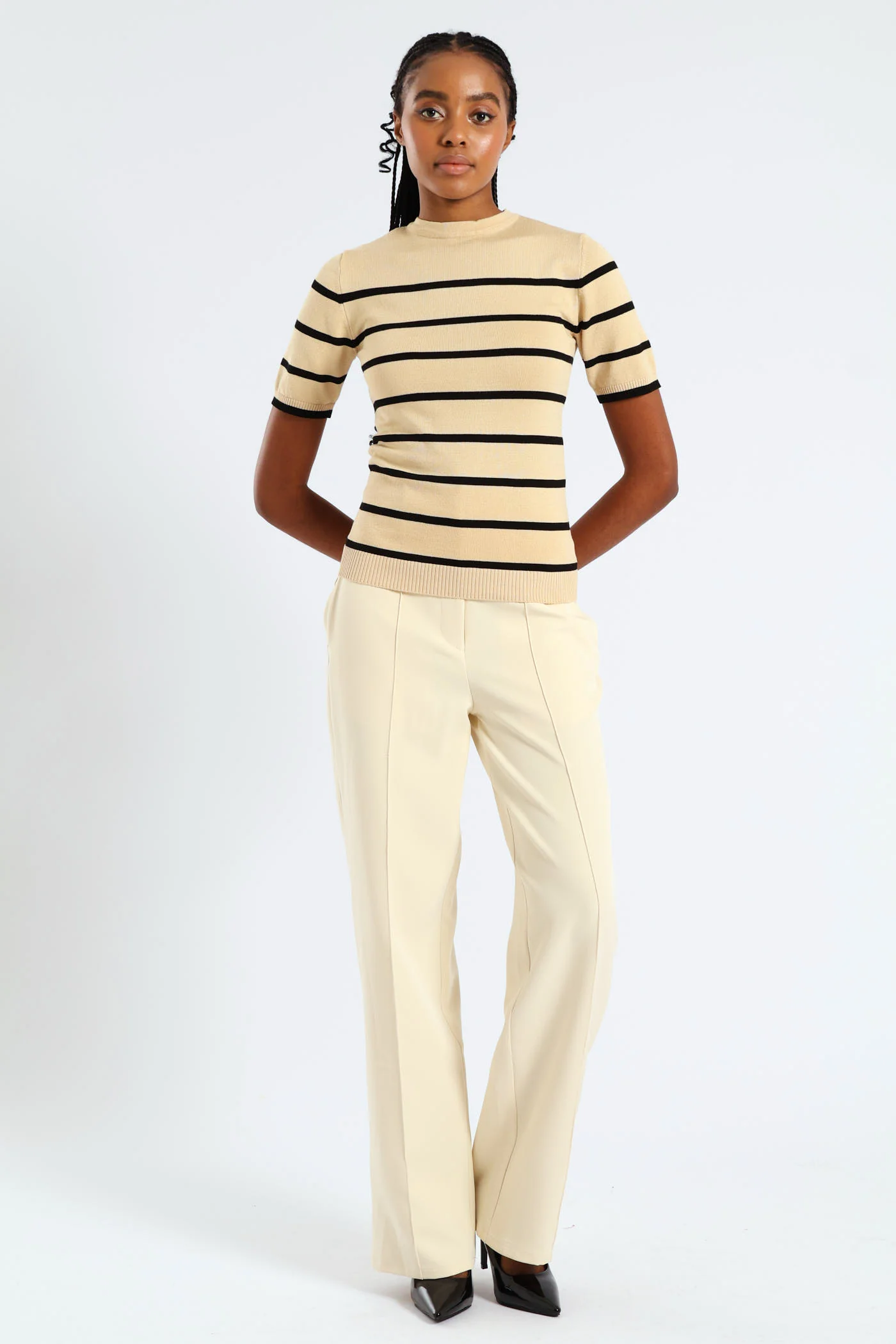 Hi Neck Striped Pullover - Taupe - Image 2