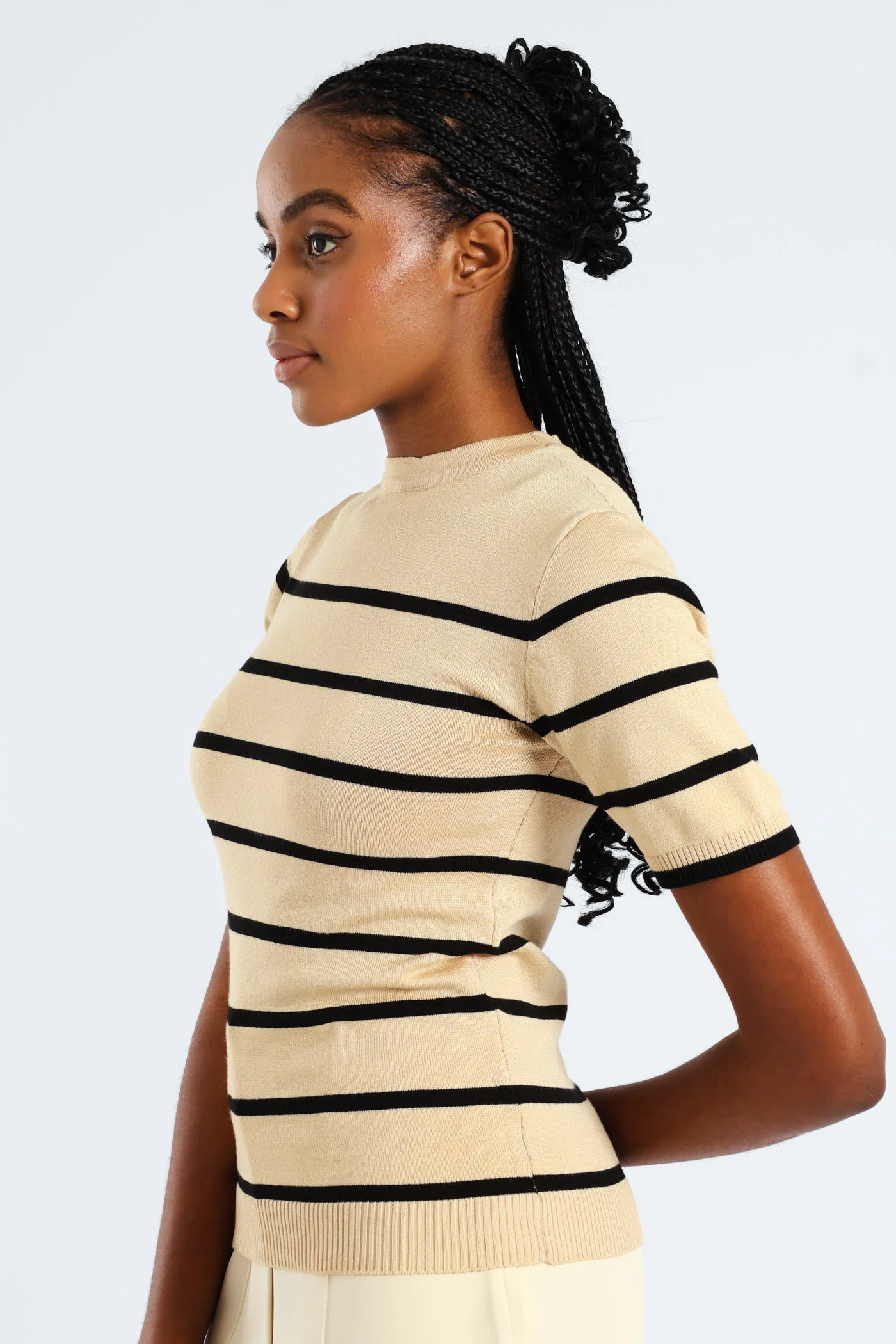 Hi Neck Striped Pullover - Taupe - Image 3