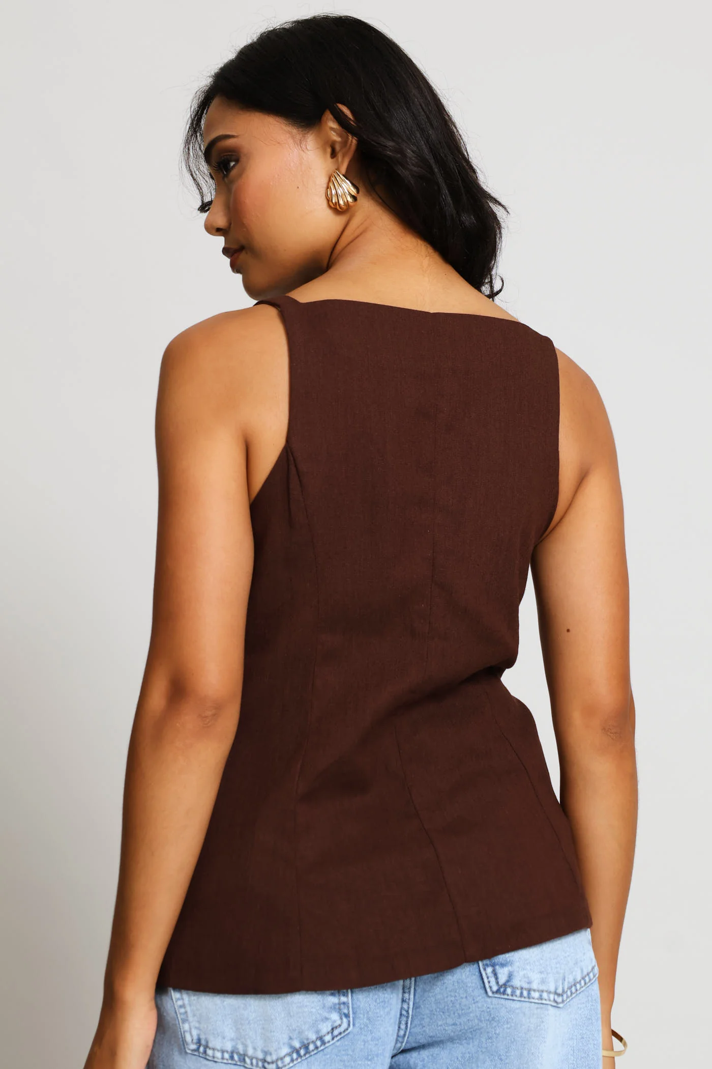 Hi-Neck Waistcoat Top - Dark Chocolate - Image 5