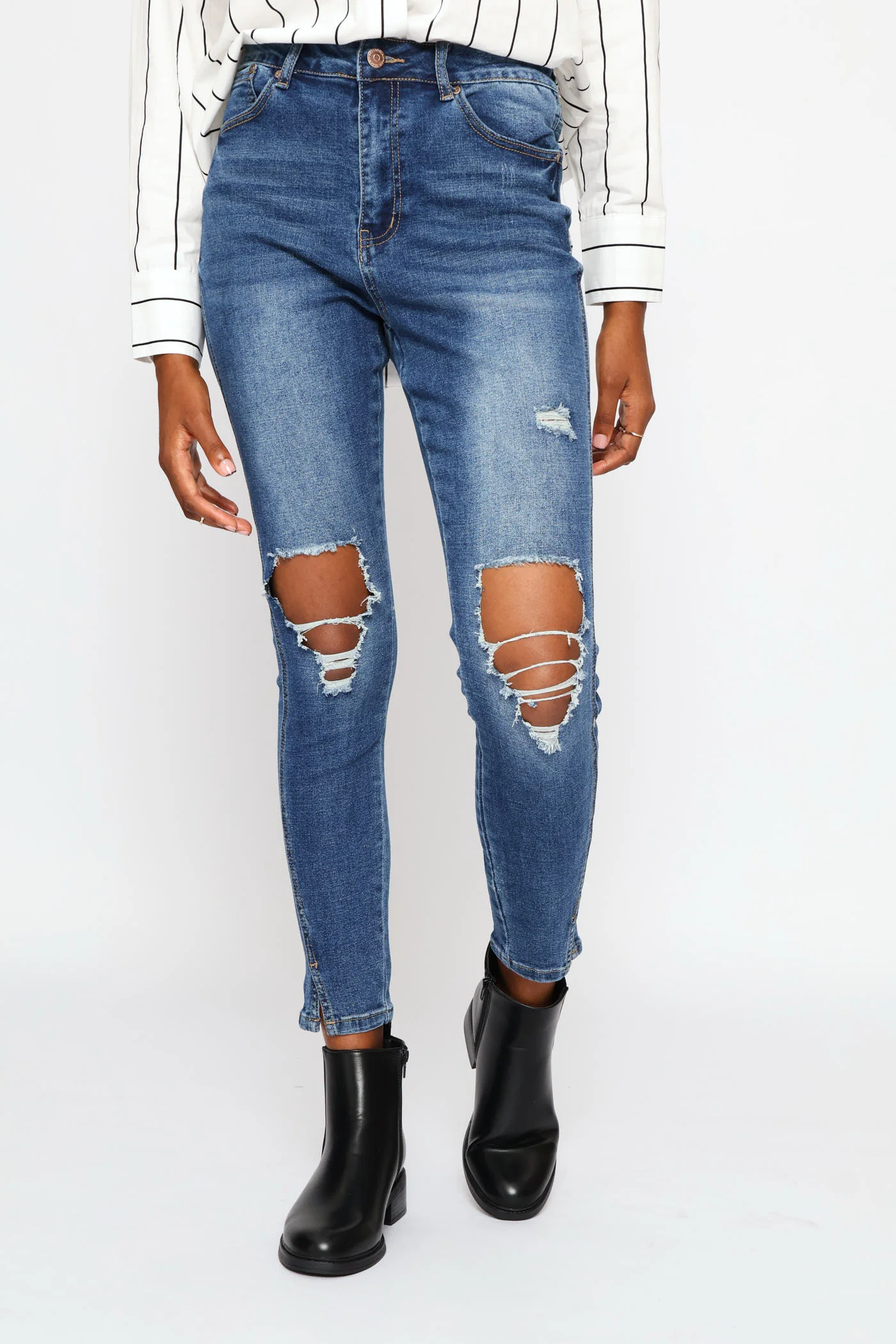 Hi-Rise Abraised Skinny Denim - Dark Wash - Image 4
