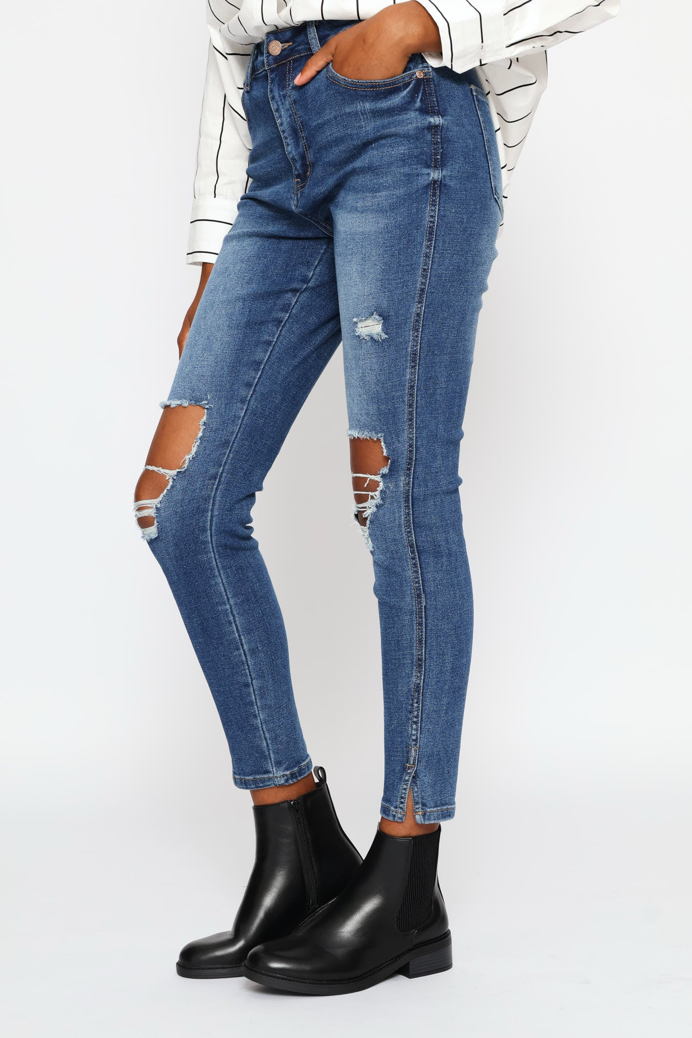 Hi-Rise Abraised Skinny Denim - Dark Wash - Image 5