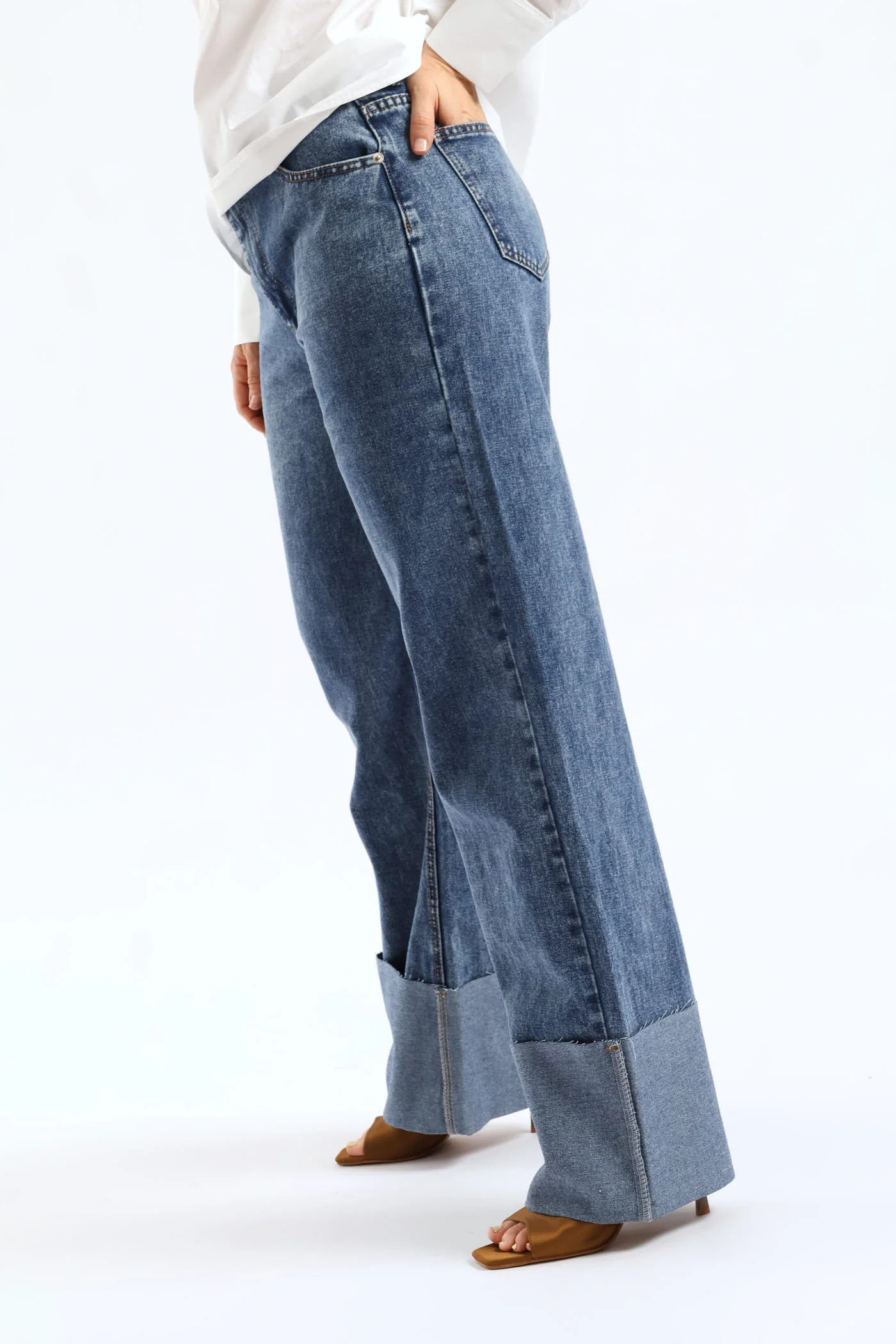 Hi-Rise Abraised Super Turnup Wide Leg Denim - Medium Wash - Image 2