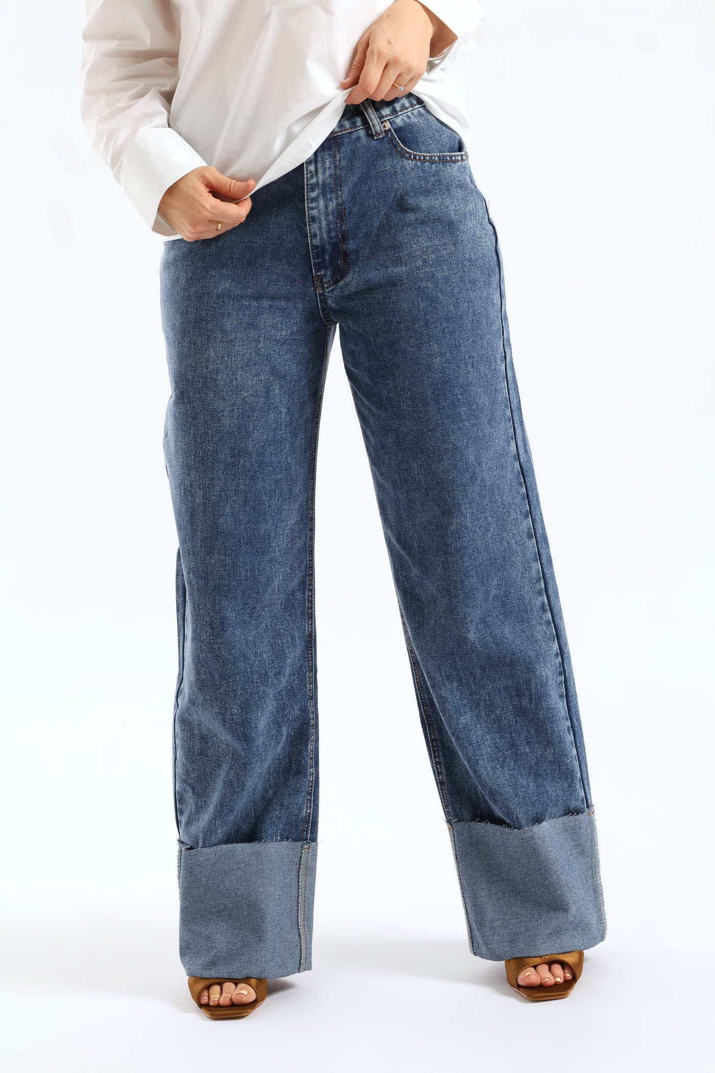 Hi-Rise Abraised Super Turnup Wide Leg Denim - Medium Wash - Image 3