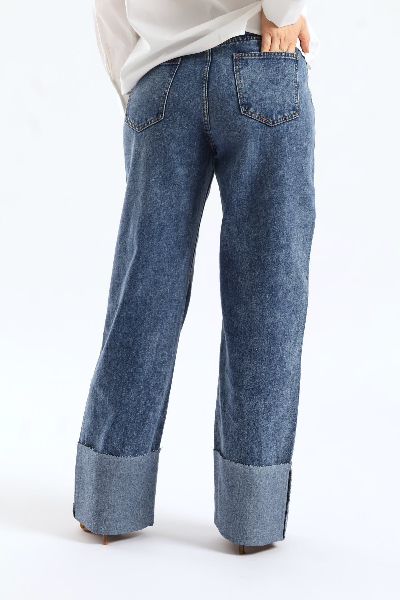 Hi-Rise Abraised Super Turnup Wide Leg Denim - Medium Wash - Image 4