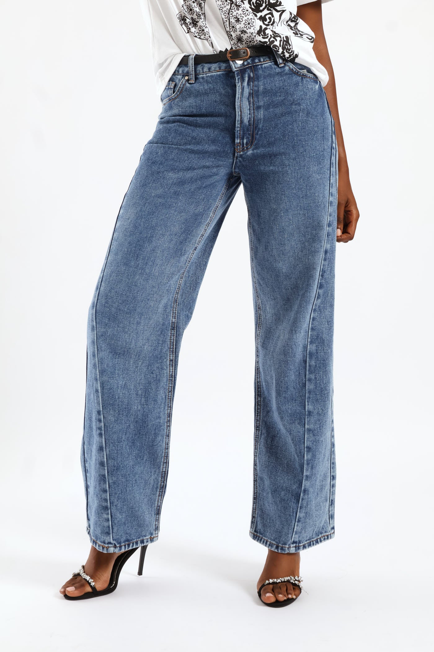 Hi Rise Belted Panel Detail Wideleg Denim - Medium Wash - Image 3