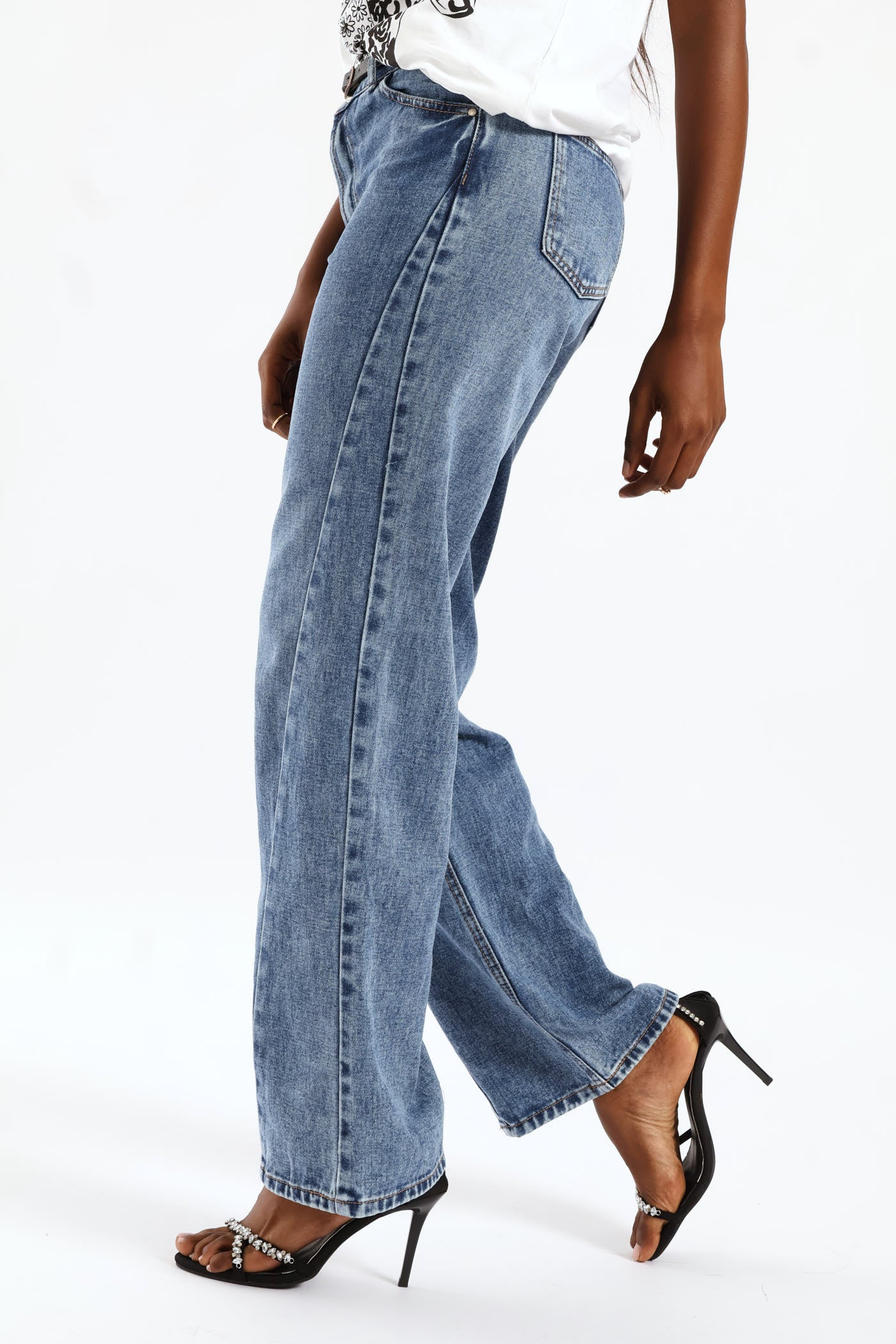 Hi Rise Belted Panel Detail Wideleg Denim - Medium Wash - Image 4