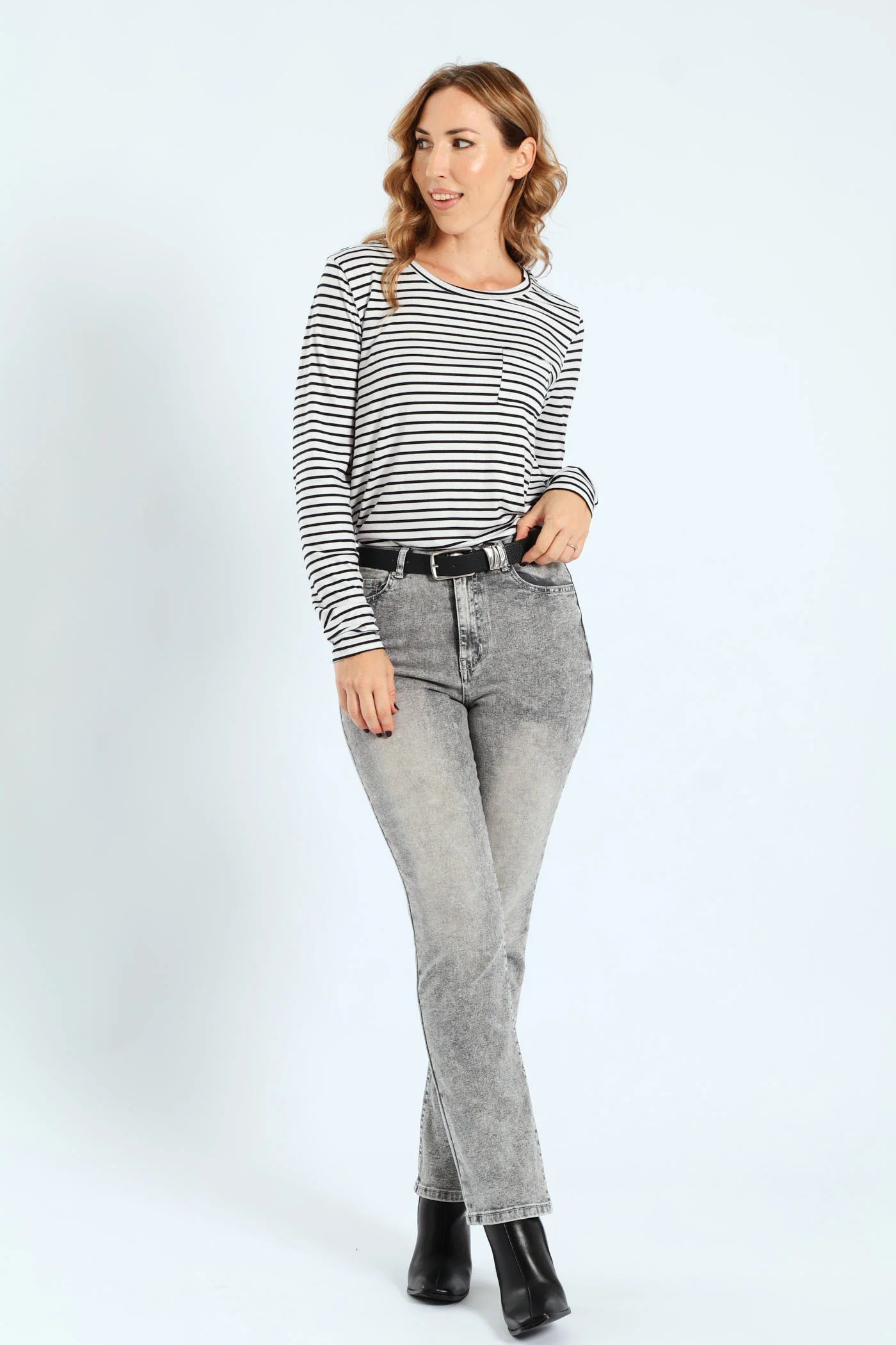 Hi-Rise Belted Straight Leg Denim - Salty Grey - Image 4
