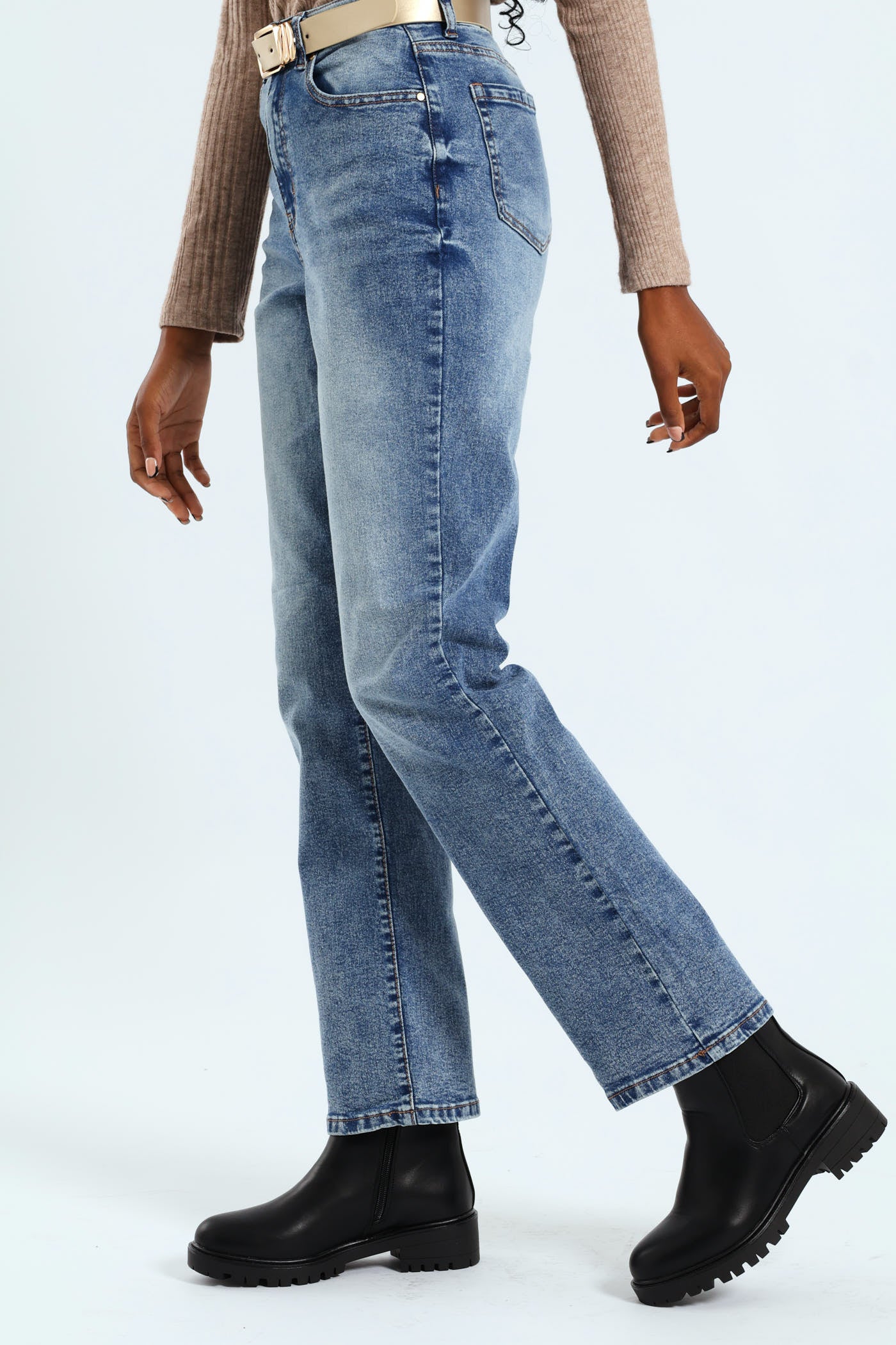 Hi-Rise Belted Straight Leg Jean - Dark Wash - Image 2