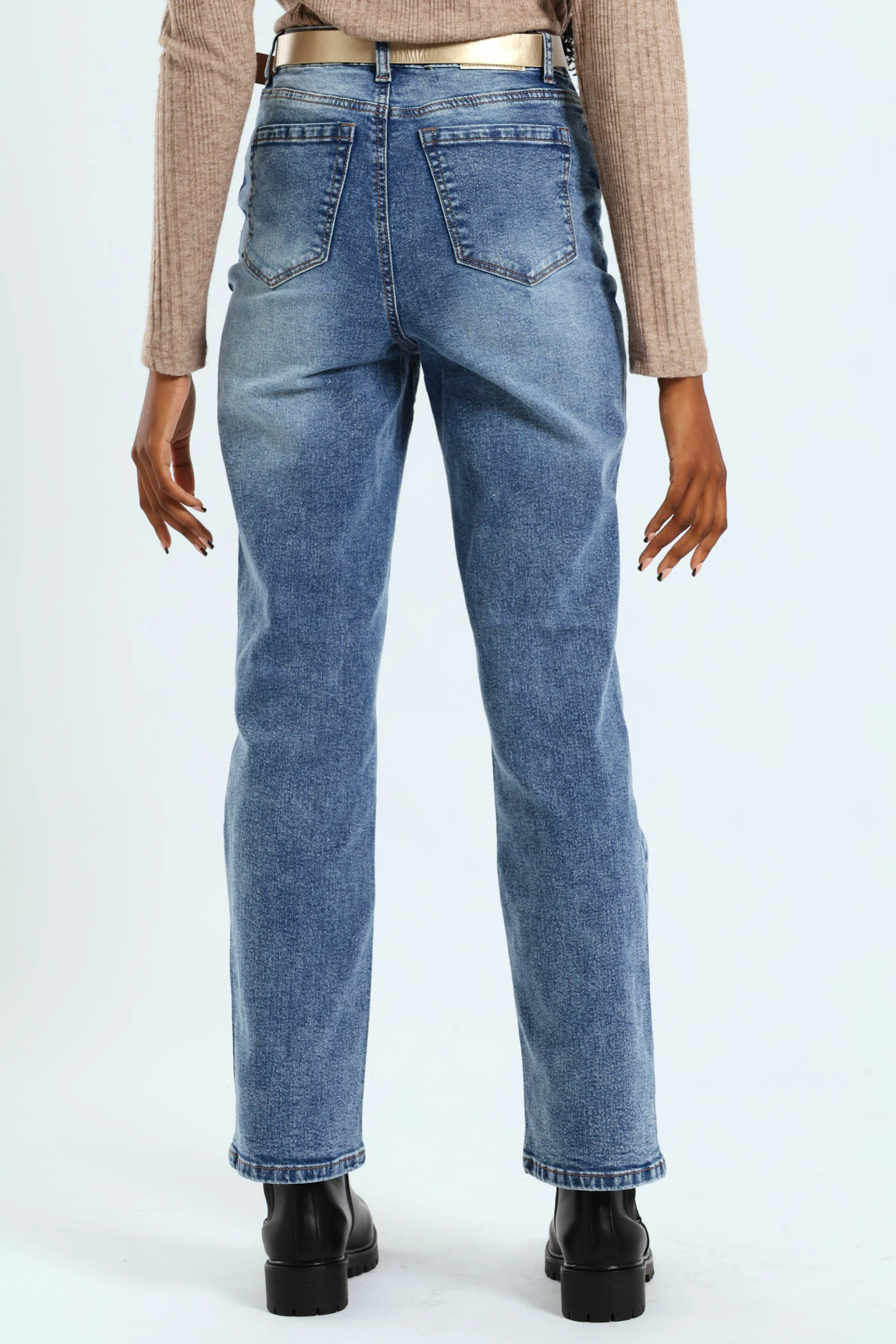 Hi-Rise Belted Straight Leg Jean - Dark Wash - Image 3