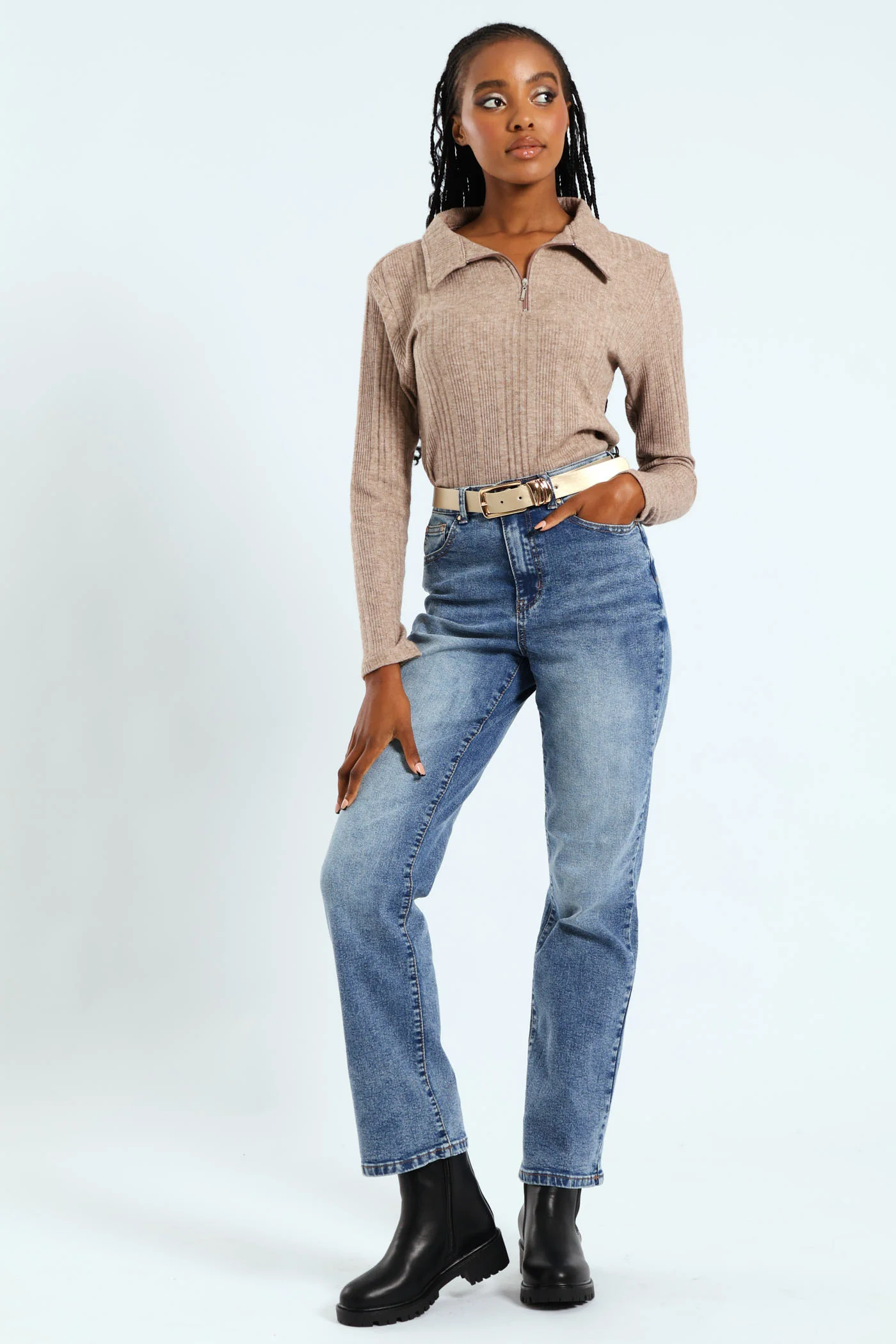 Hi-Rise Belted Straight Leg Jean - Dark Wash - Image 4
