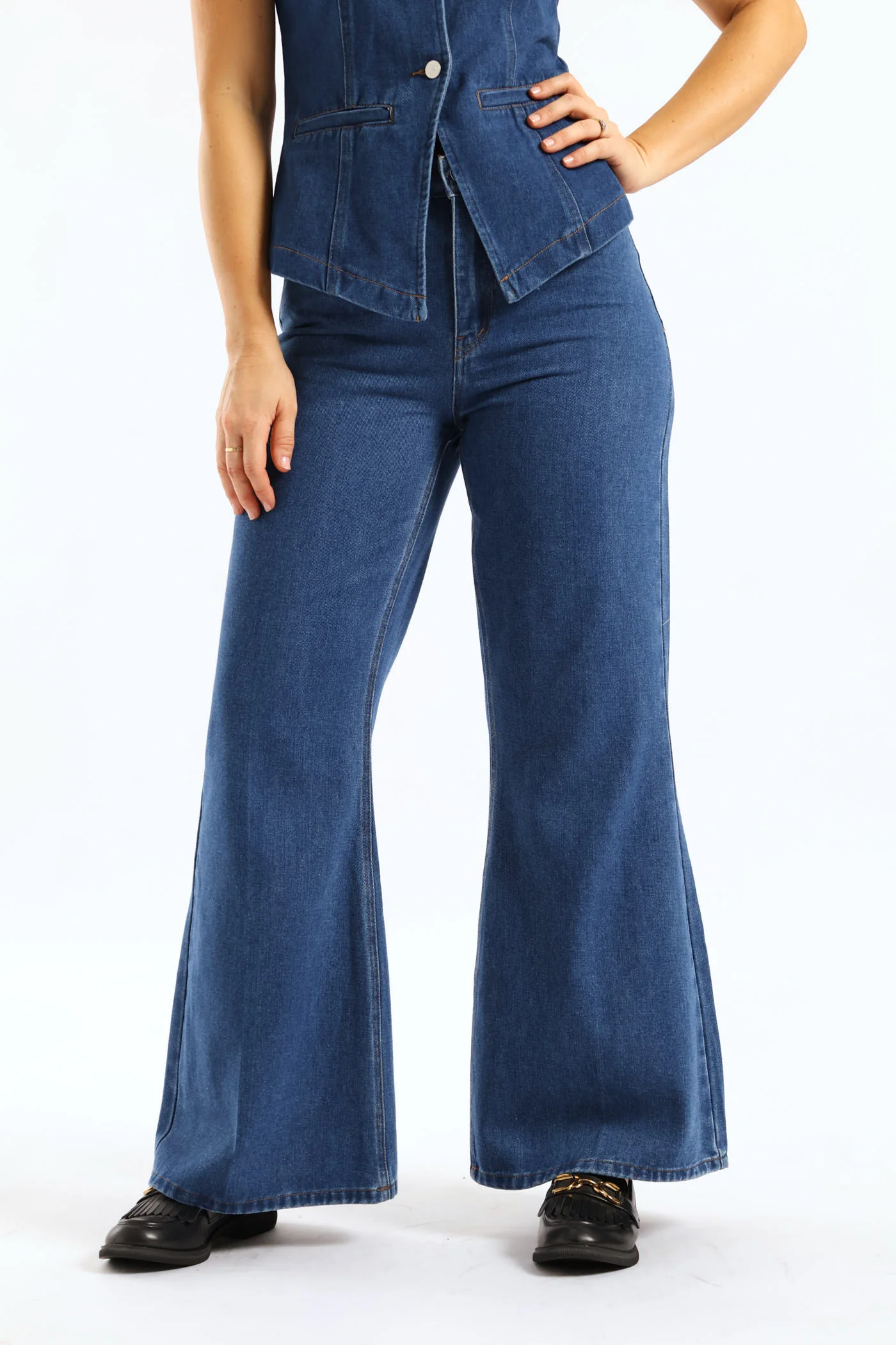 Hi-Rise Crease Front Flare Denim - Dark Wash - Image 3