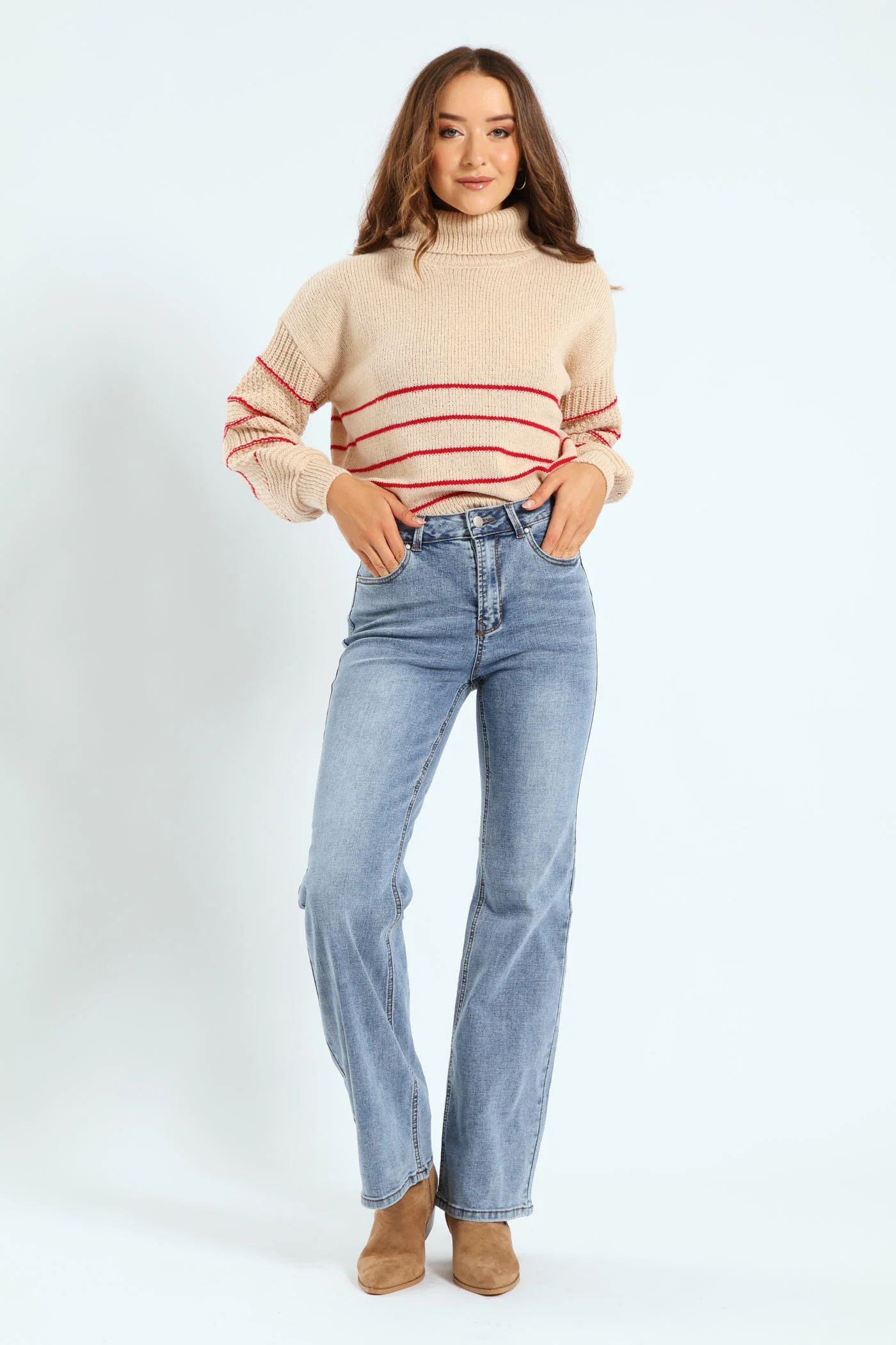 Hi-Rise Crosshatch Bootleg Jean - Light Wash - Image 2