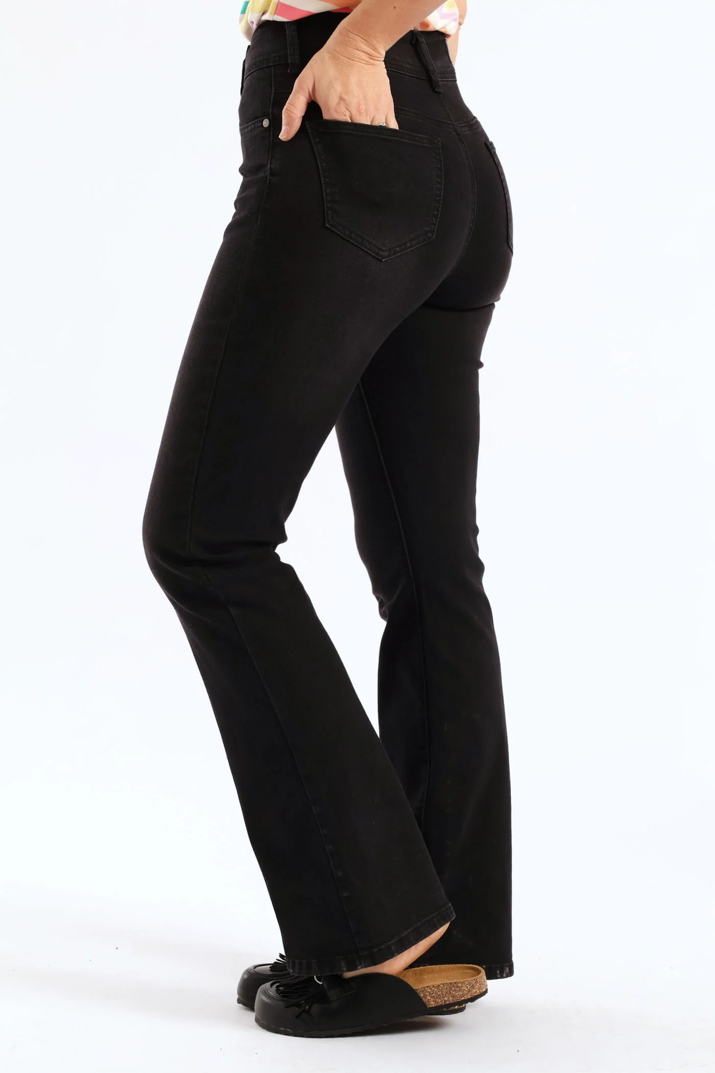 Hi-Rise Double Button Wider Bootleg Jean - Black - Image 2