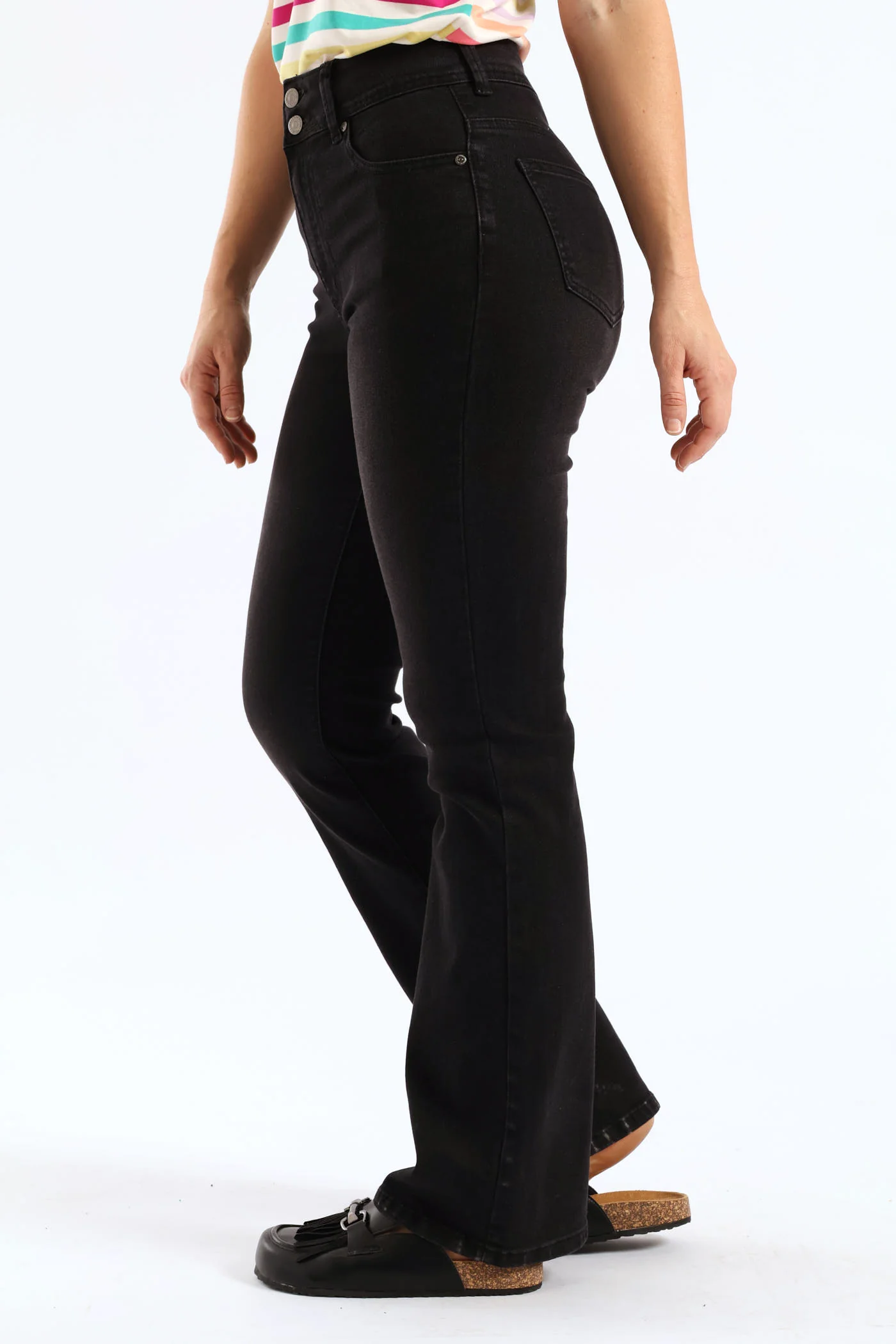 Hi-Rise Double Button Wider Bootleg Jean - Black - Image 3