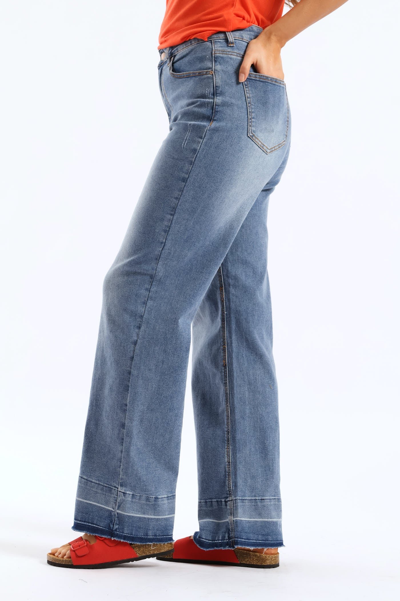 Hi-Rise Let Down Hem Wide Leg Jean - Mid Wash - Image 2