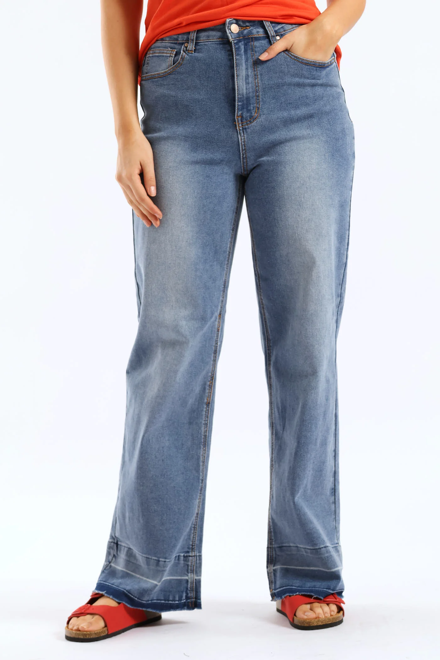 Hi-Rise Let Down Hem Wide Leg Jean - Mid Wash - Image 3