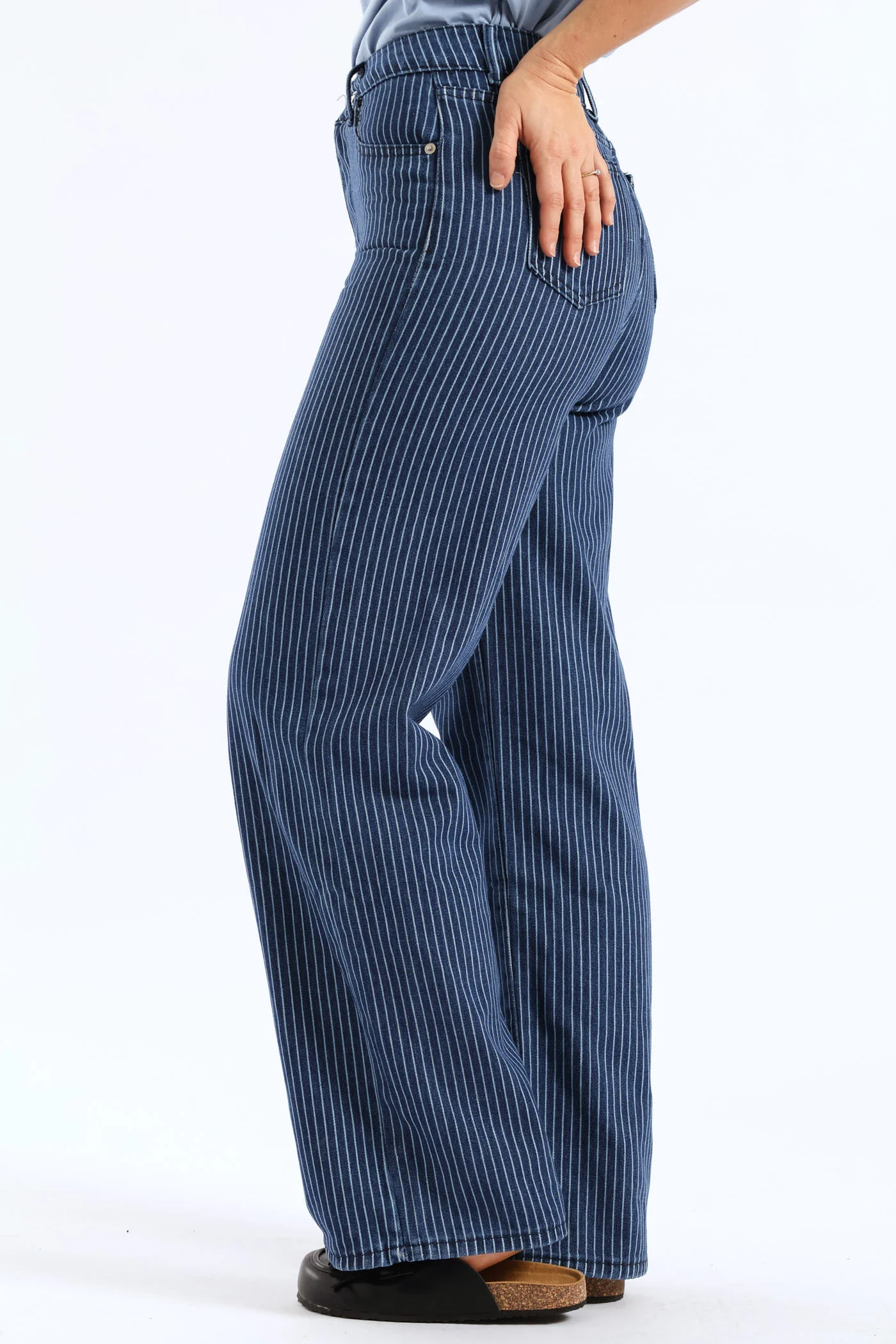 Hi Rise Pinstripe Wide Leg Denim - Raw Wash - Image 3