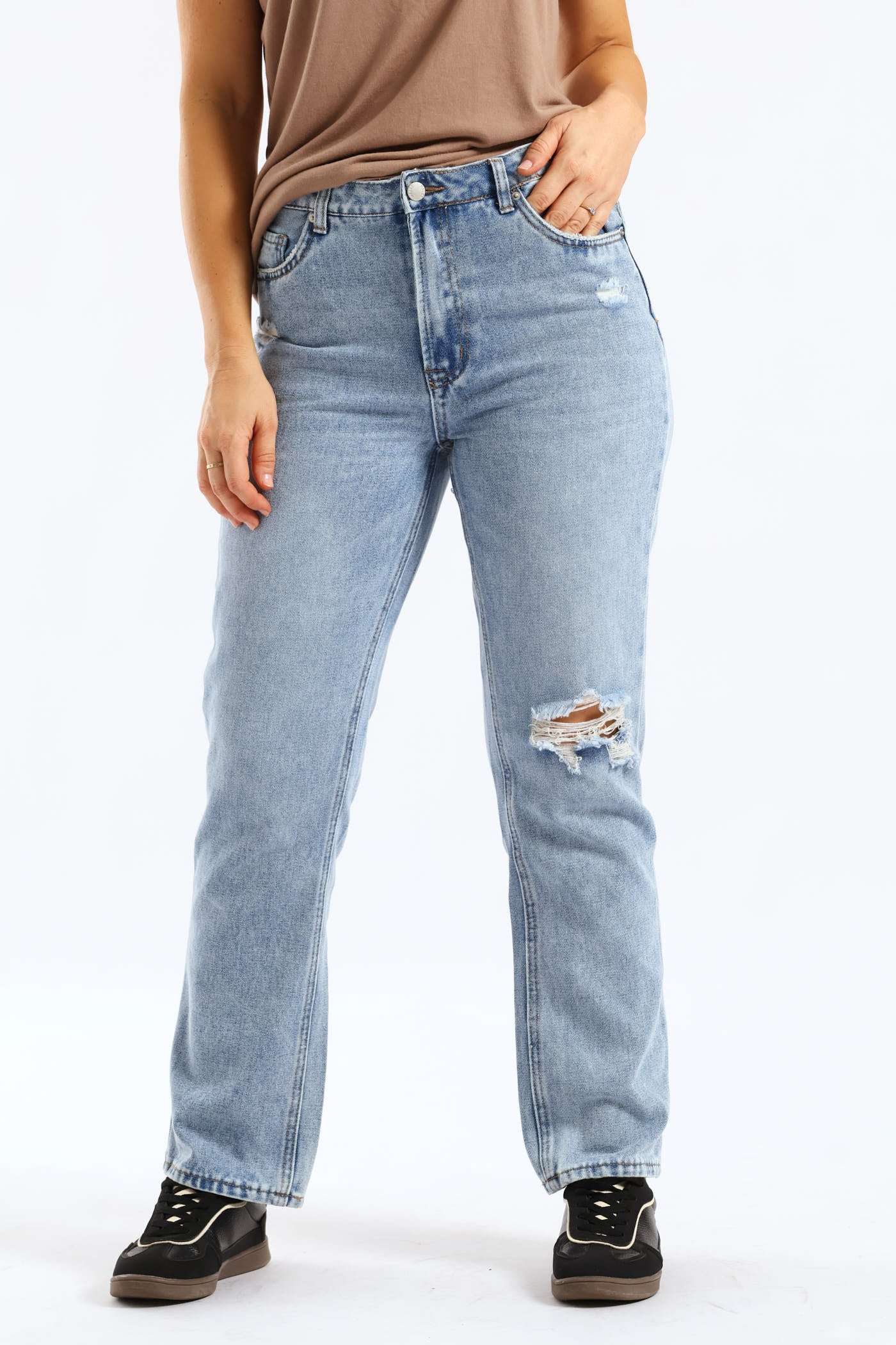 Hi-Rise Ripped Straight Leg Jean - Light Wash - Image 2