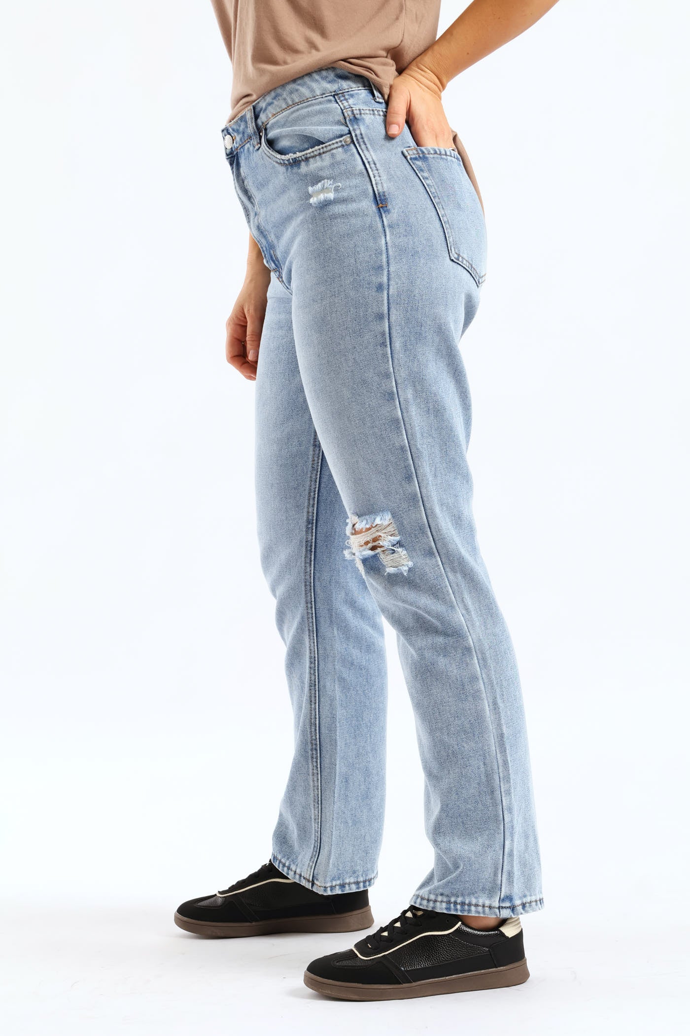 Hi-Rise Ripped Straight Leg Jean - Light Wash - Image 3