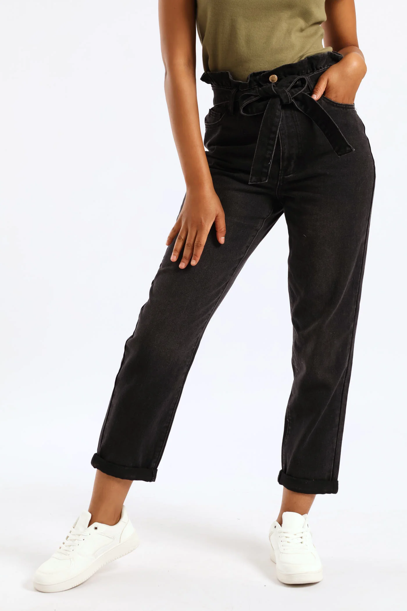 Hi-Rise Self Belted Roll Hem Paper Bag Mom Jean - Black - Image 2