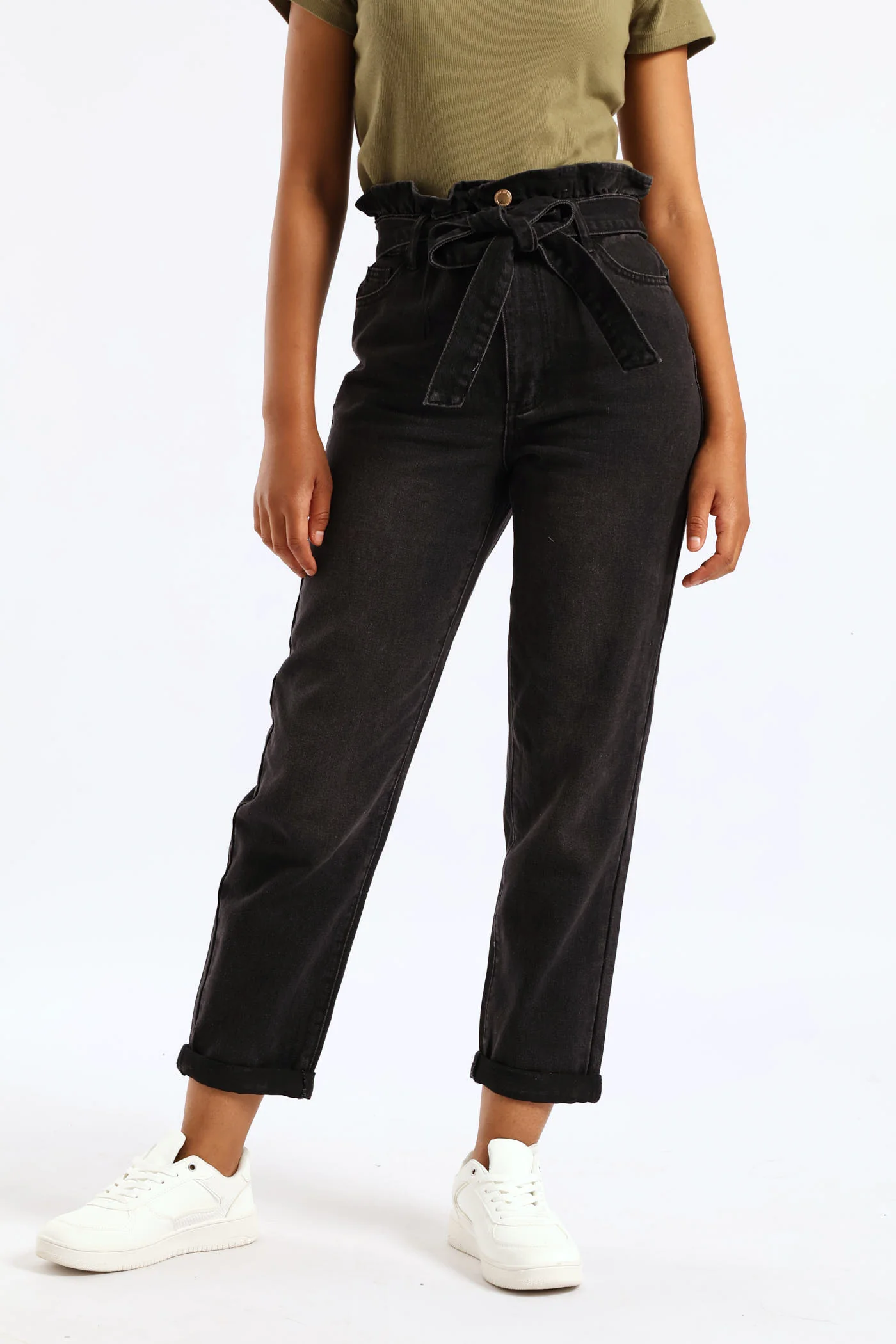 Hi-Rise Self Belted Roll Hem Paper Bag Mom Jean - Black - Image 3