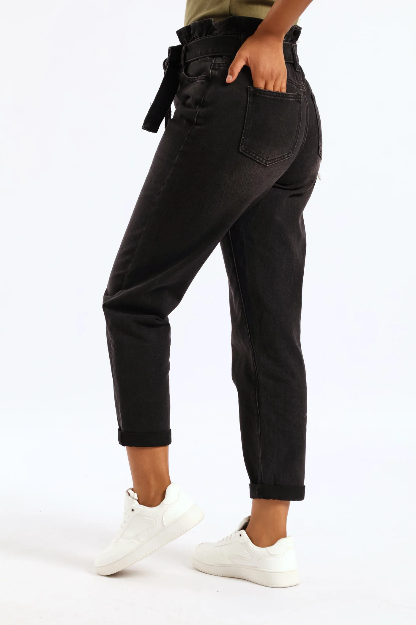 Hi-Rise Self Belted Roll Hem Paper Bag Mom Jean - Black - Image 4