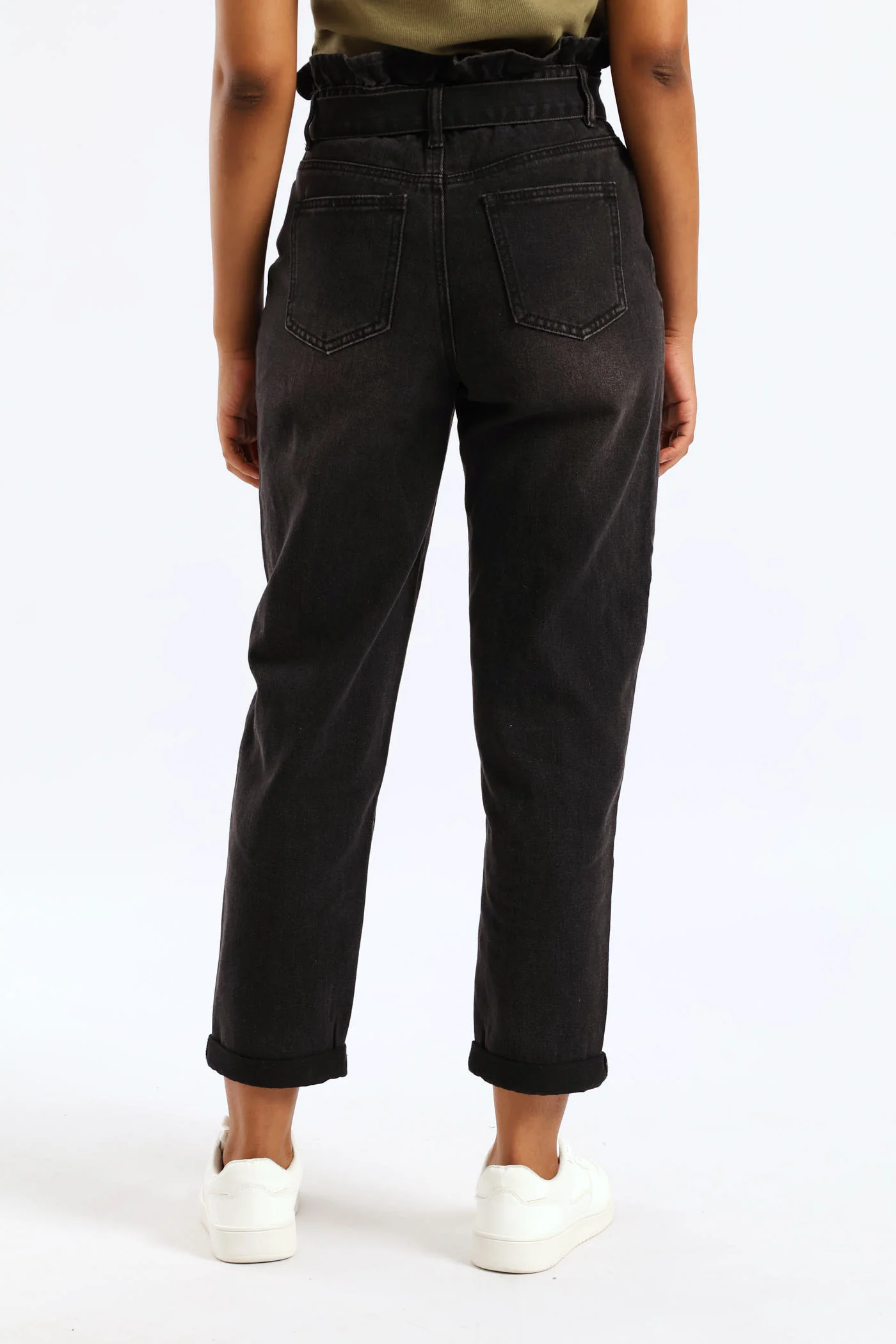 Hi-Rise Self Belted Roll Hem Paper Bag Mom Jean - Black - Image 5