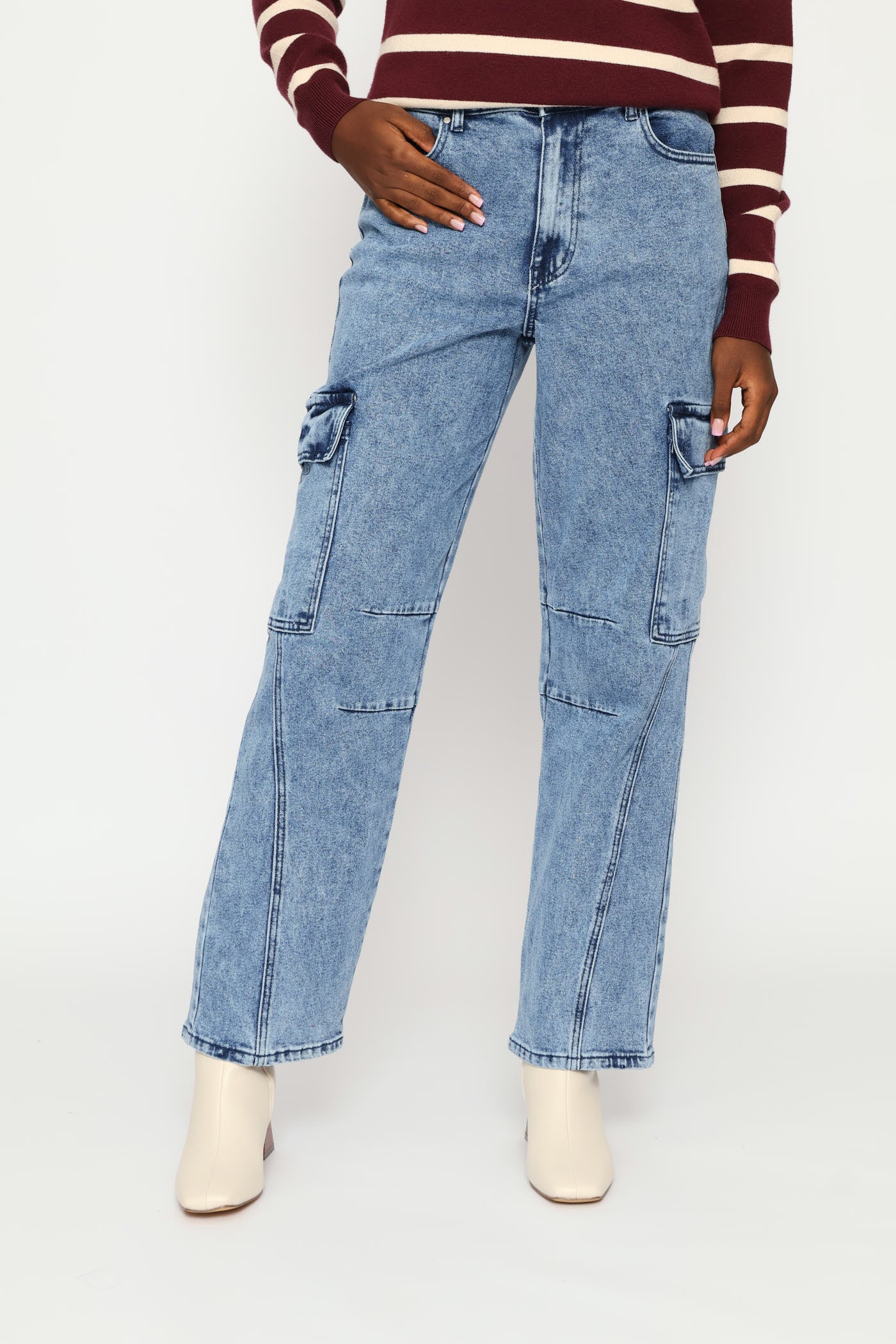 Hi-Rise Straight Leg Cargo Pocket Denim - Mid Wash - Image 2