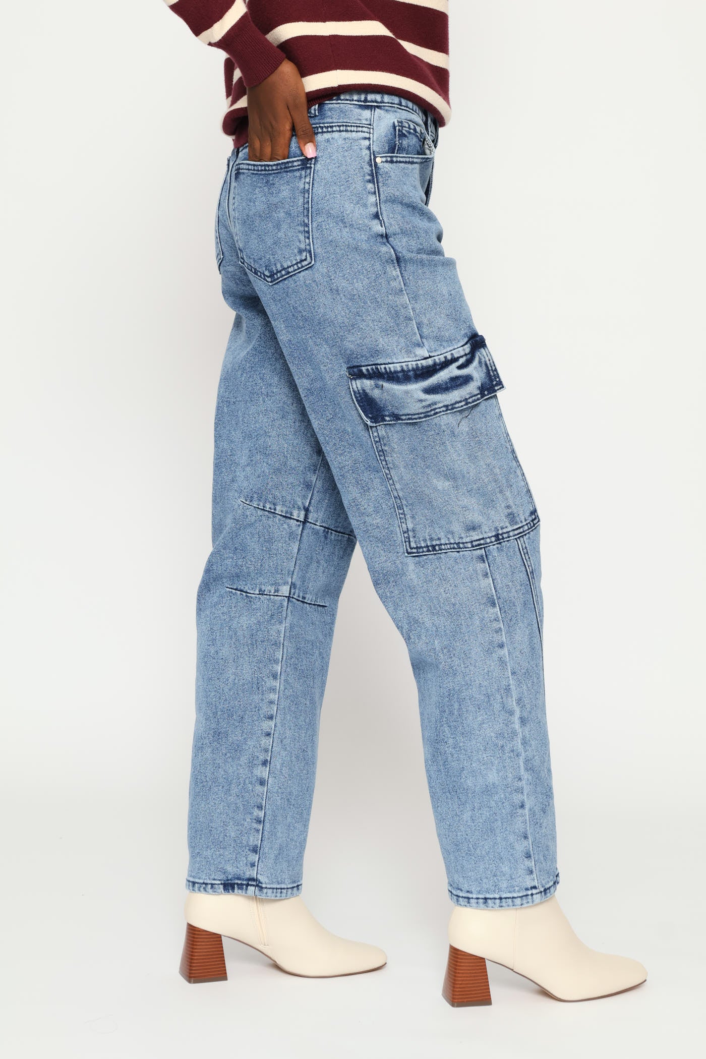 Hi-Rise Straight Leg Cargo Pocket Denim - Mid Wash - Image 3
