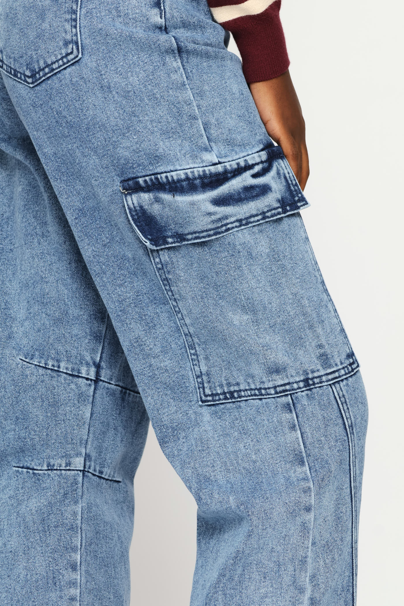 Hi-Rise Straight Leg Cargo Pocket Denim - Mid Wash - Image 6