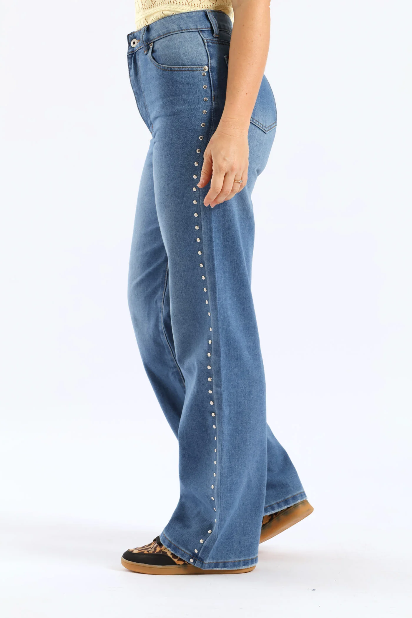 Hi Rise Studded Detail Wide Leg Denim - Mid Wash - Image 2