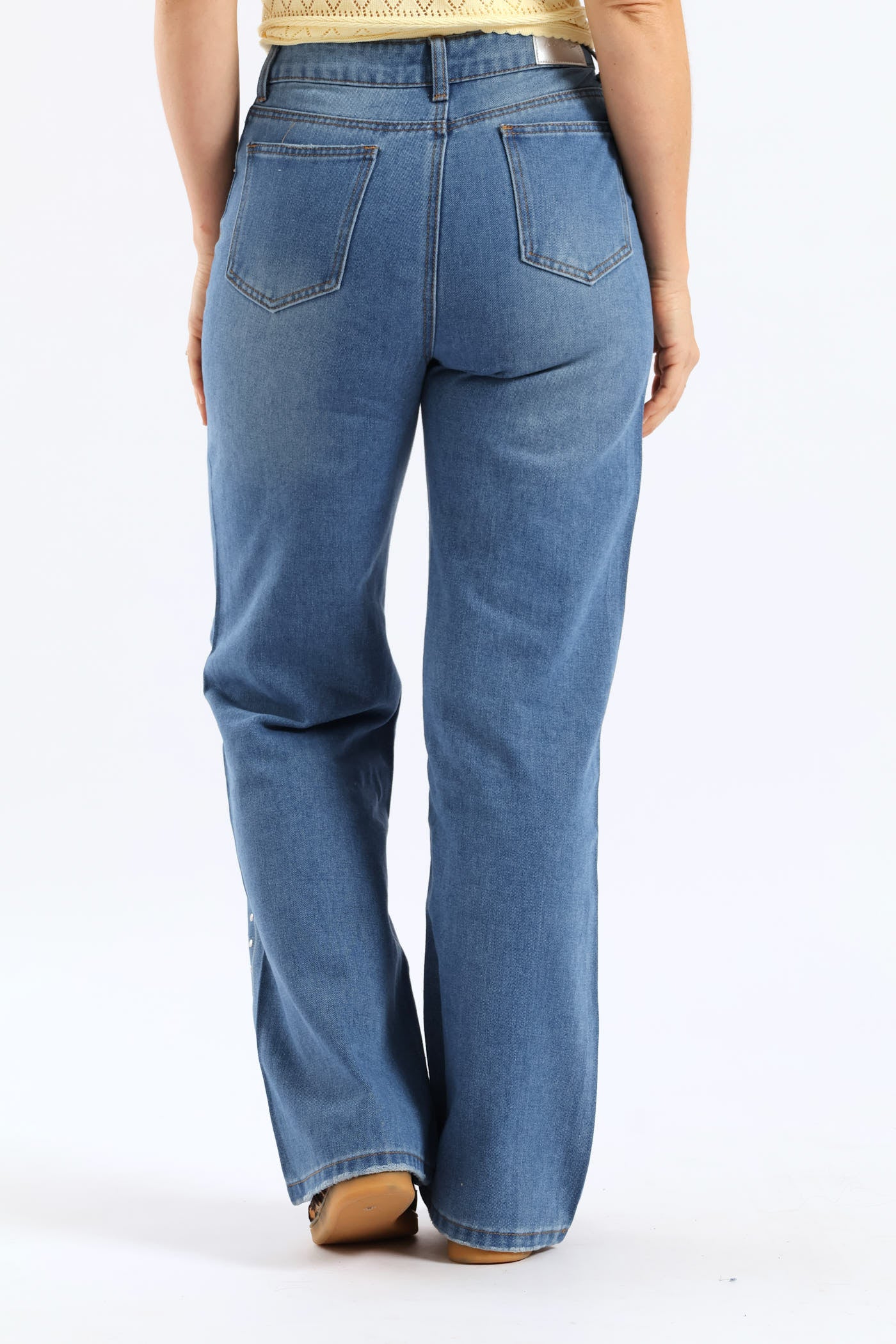 Hi Rise Studded Detail Wide Leg Denim - Mid Wash - Image 3