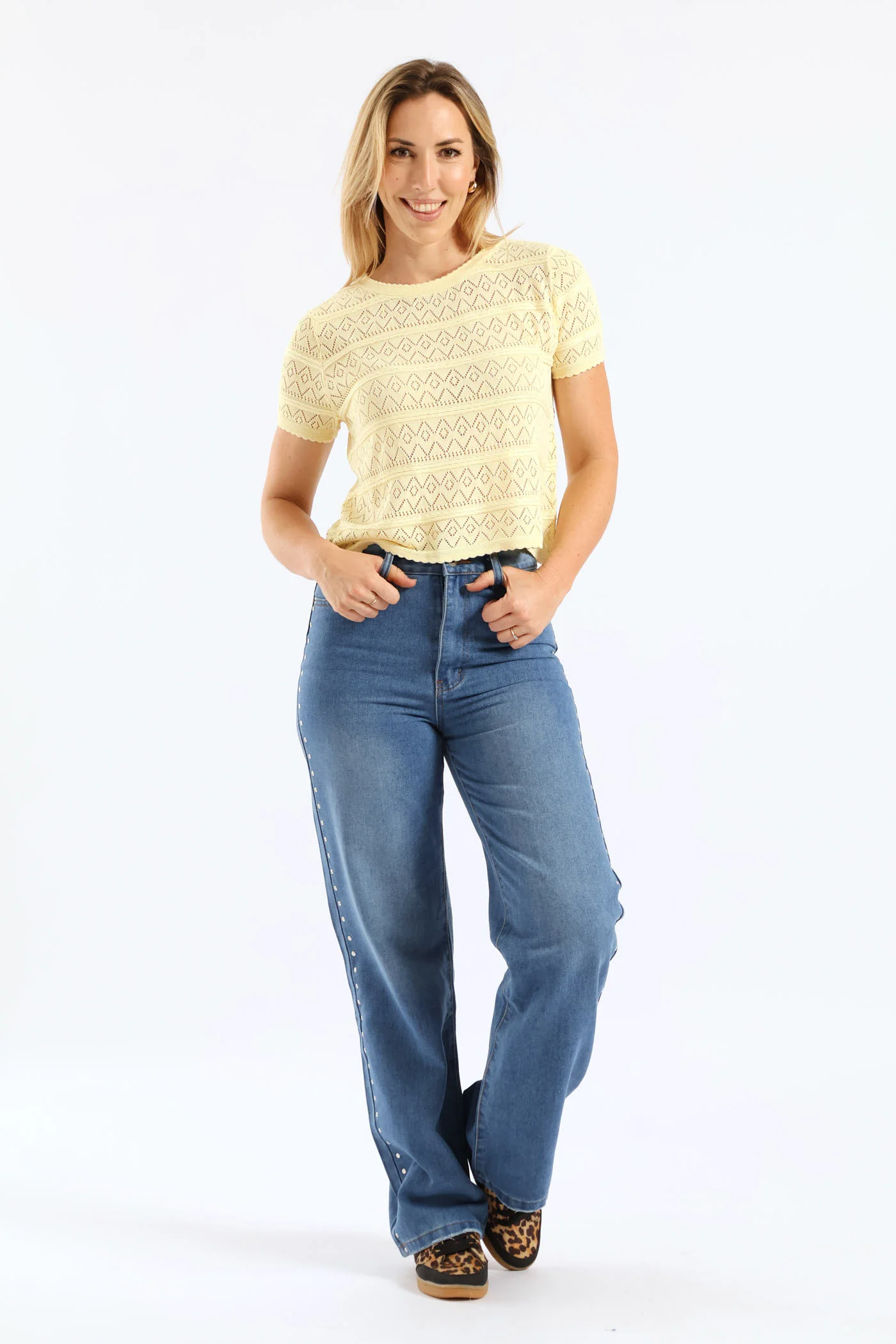 Hi Rise Studded Detail Wide Leg Denim - Mid Wash - Image 4