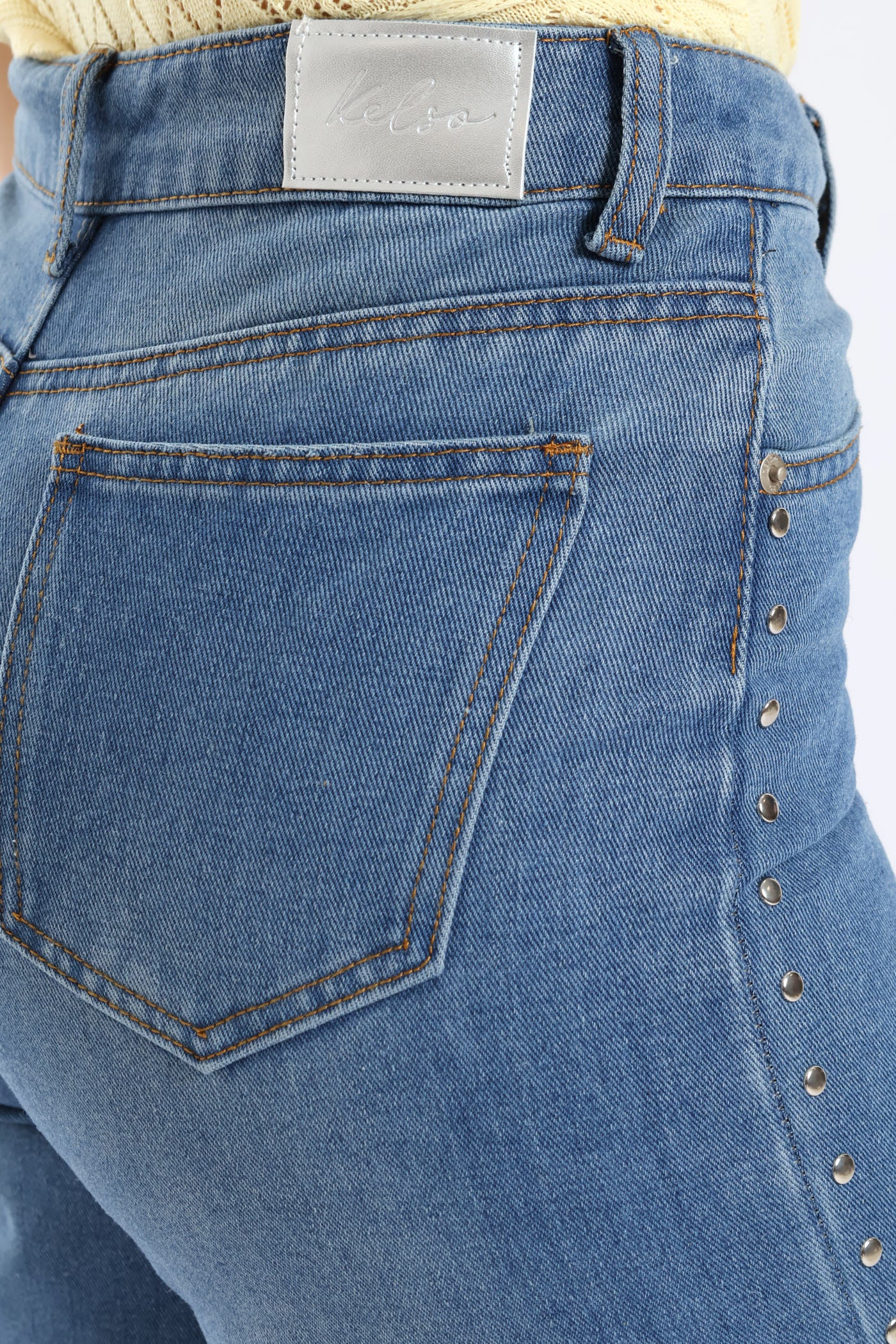 Hi Rise Studded Detail Wide Leg Denim - Mid Wash - Image 5