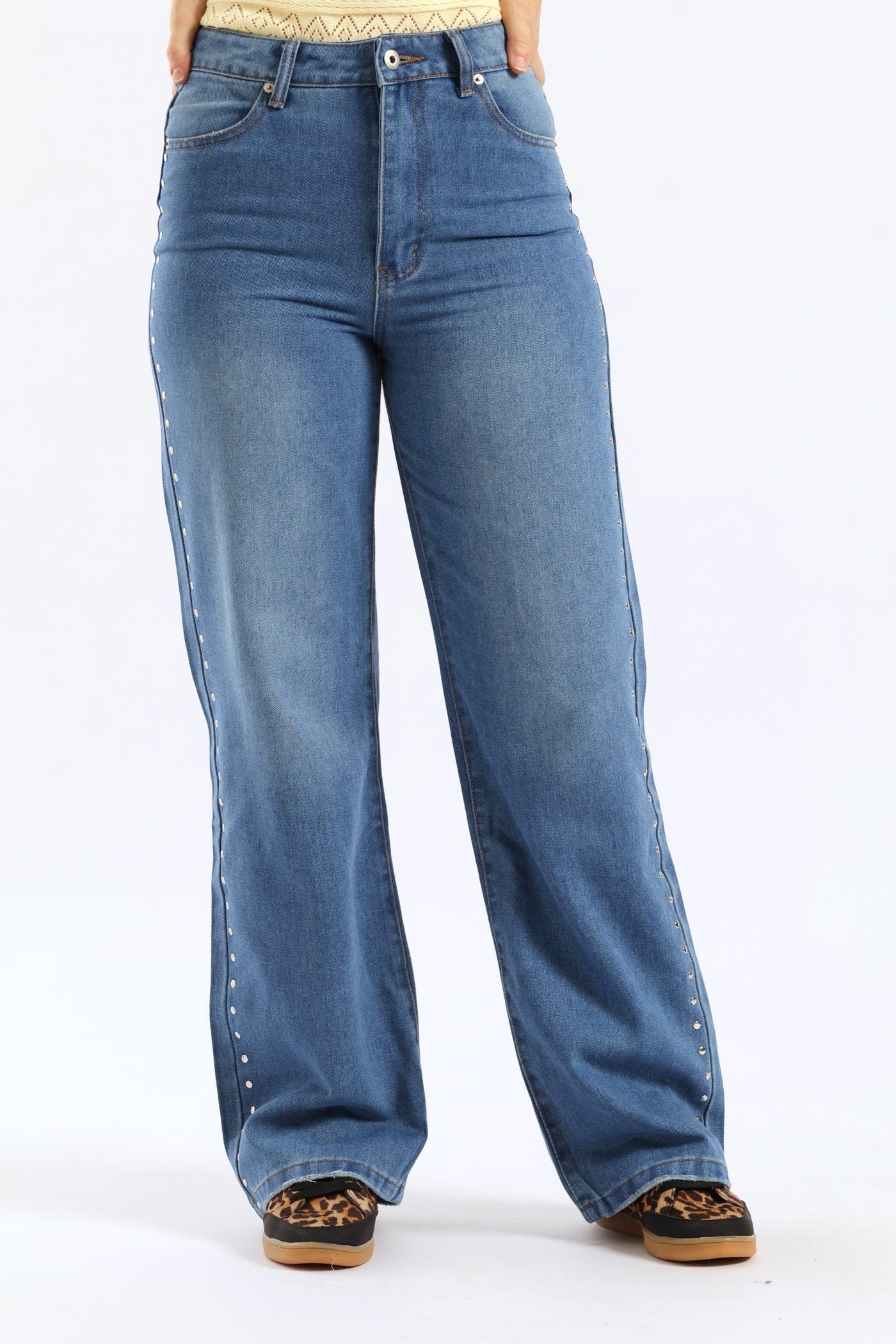 Hi Rise Studded Detail Wide Leg Denim - Mid Wash - Image 6