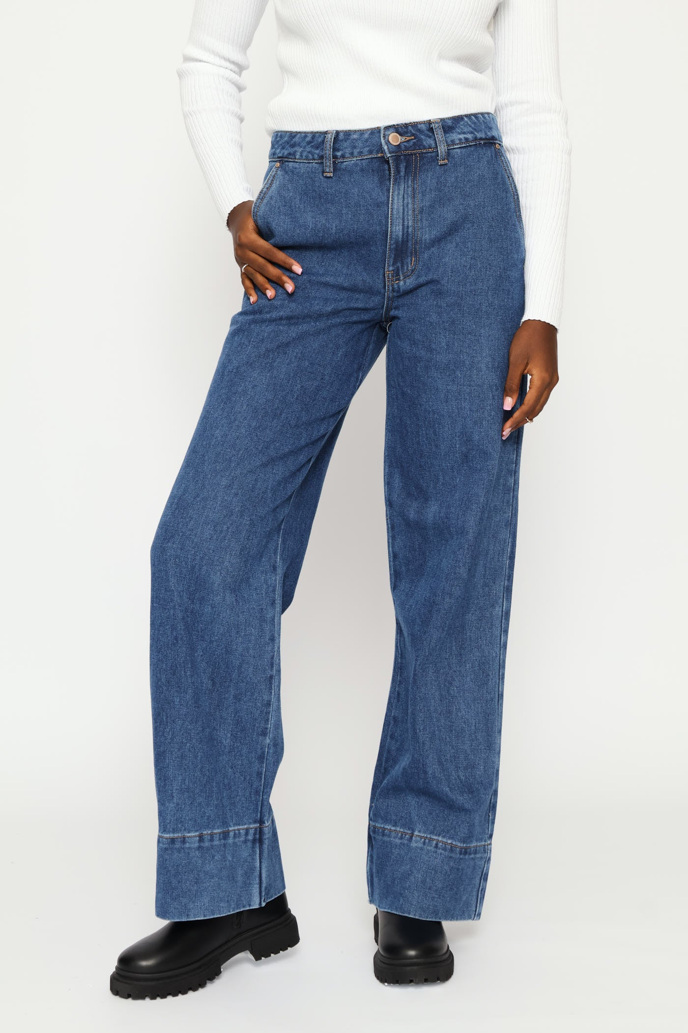 Hi-Rise Wide Hem Wide Leg Denim - Dark Wash - Image 2