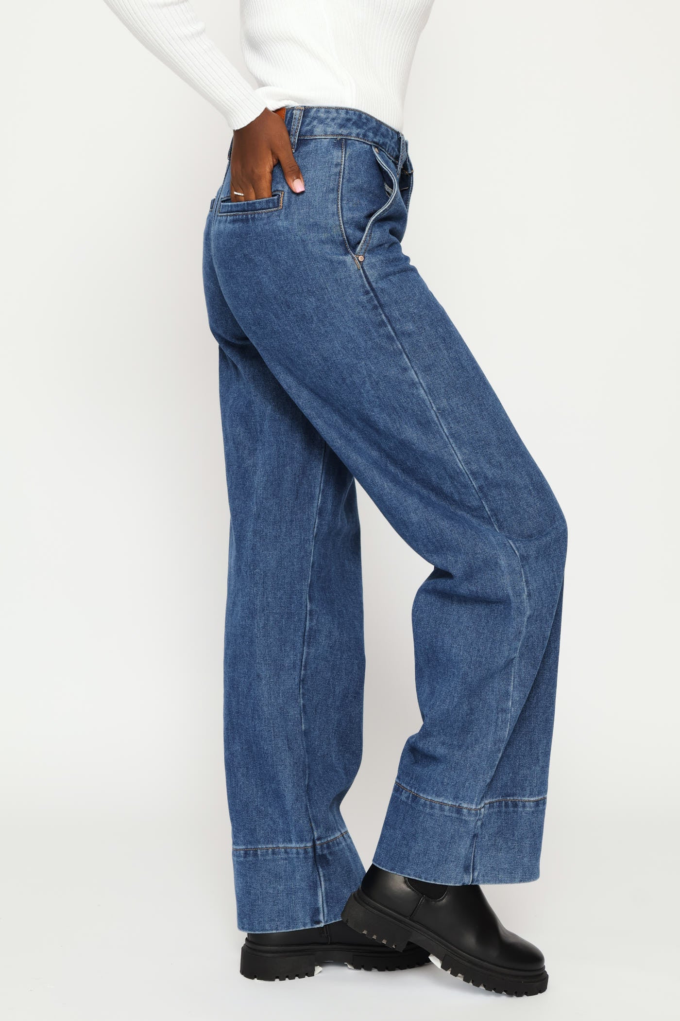 Hi-Rise Wide Hem Wide Leg Denim - Dark Wash - Image 3