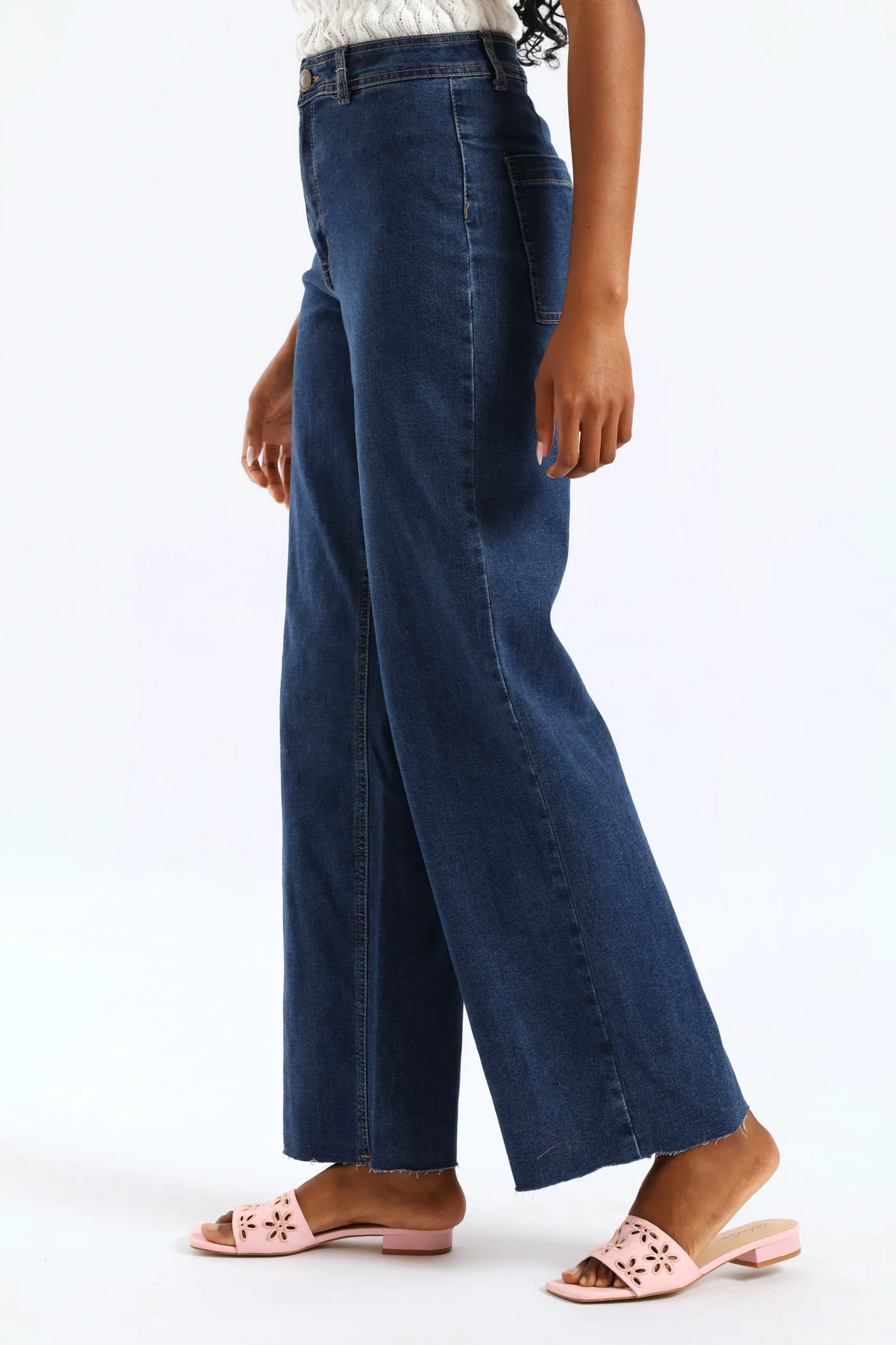 Hi-Rise Wide Raw Hem Wide Leg Jean - Dark Wash - Image 3