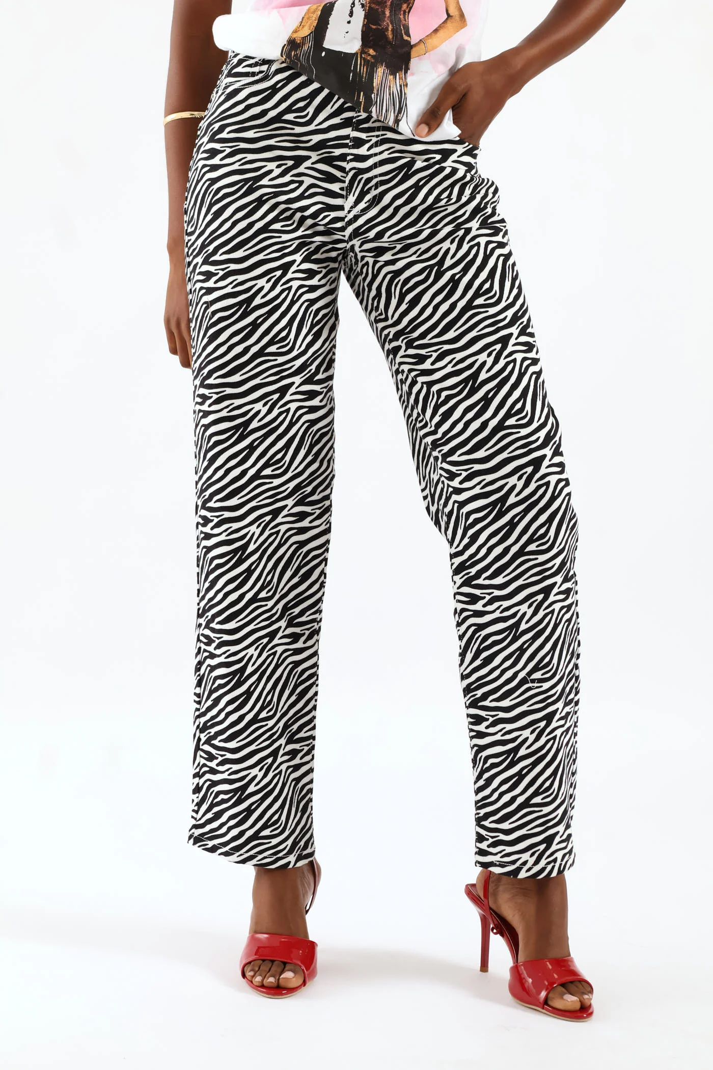Hi-Rise Zebra Print Straight Leg Denim - Black/White - Image 10