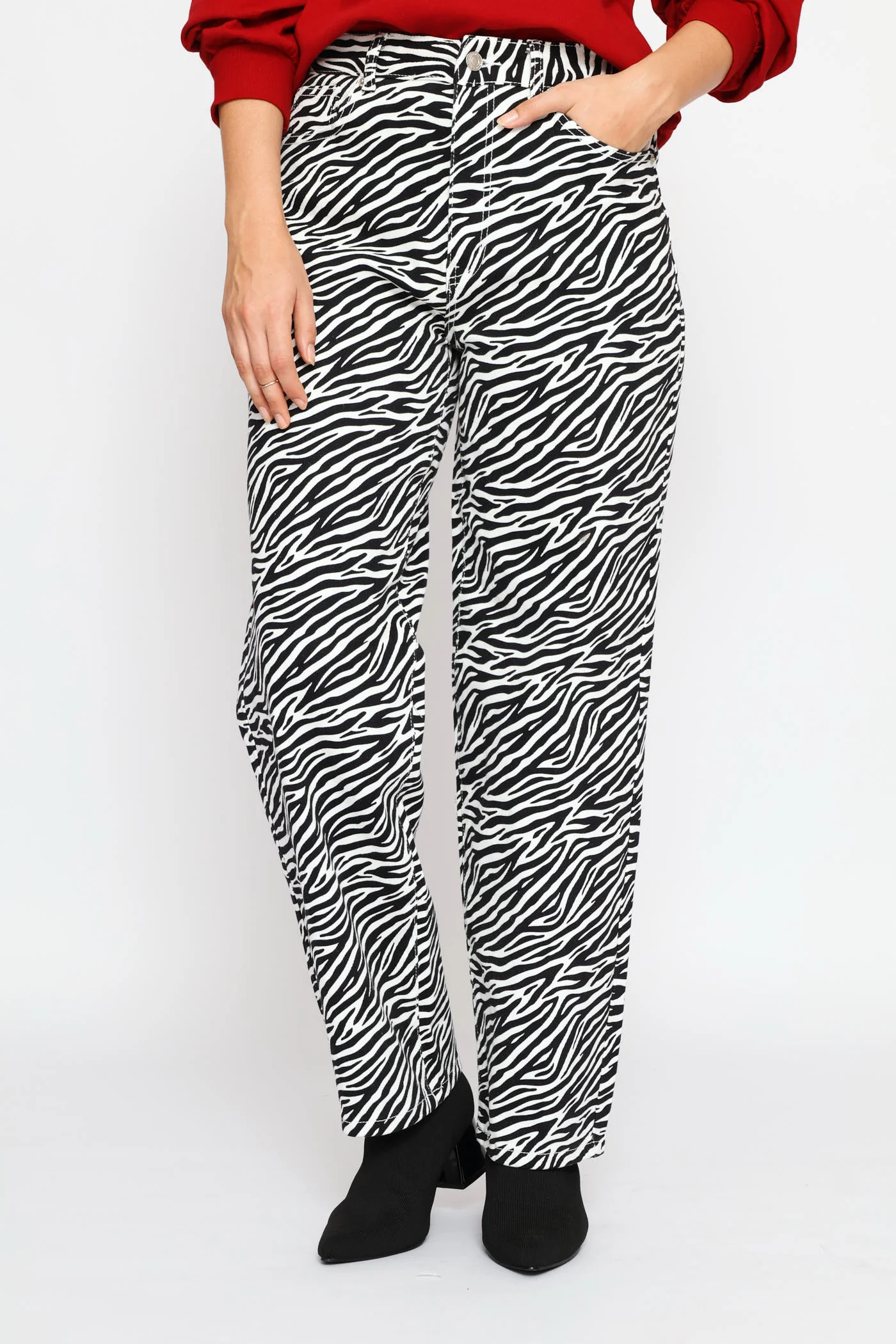 Hi-Rise Zebra Print Straight Leg Denim - Black/White - Image 2