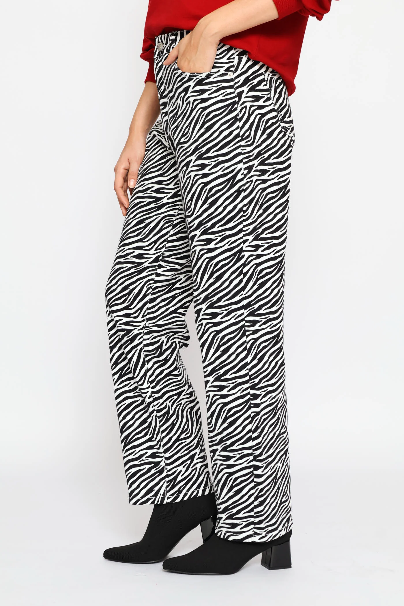 Hi-Rise Zebra Print Straight Leg Denim - Black/White - Image 3