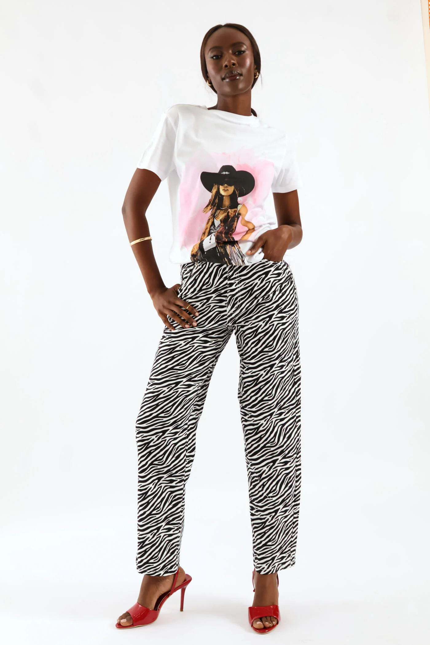 Hi-Rise Zebra Print Straight Leg Denim - Black/White - Image 6