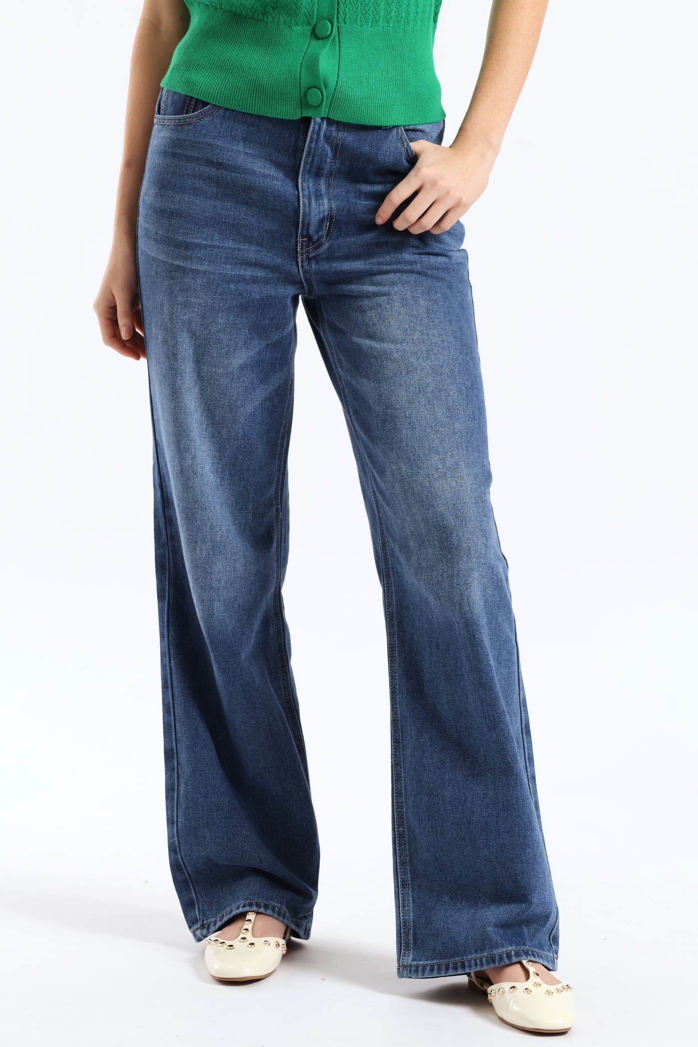 Hi Waist Drawcord Wide Leg Denim - Dark Wash - Image 2