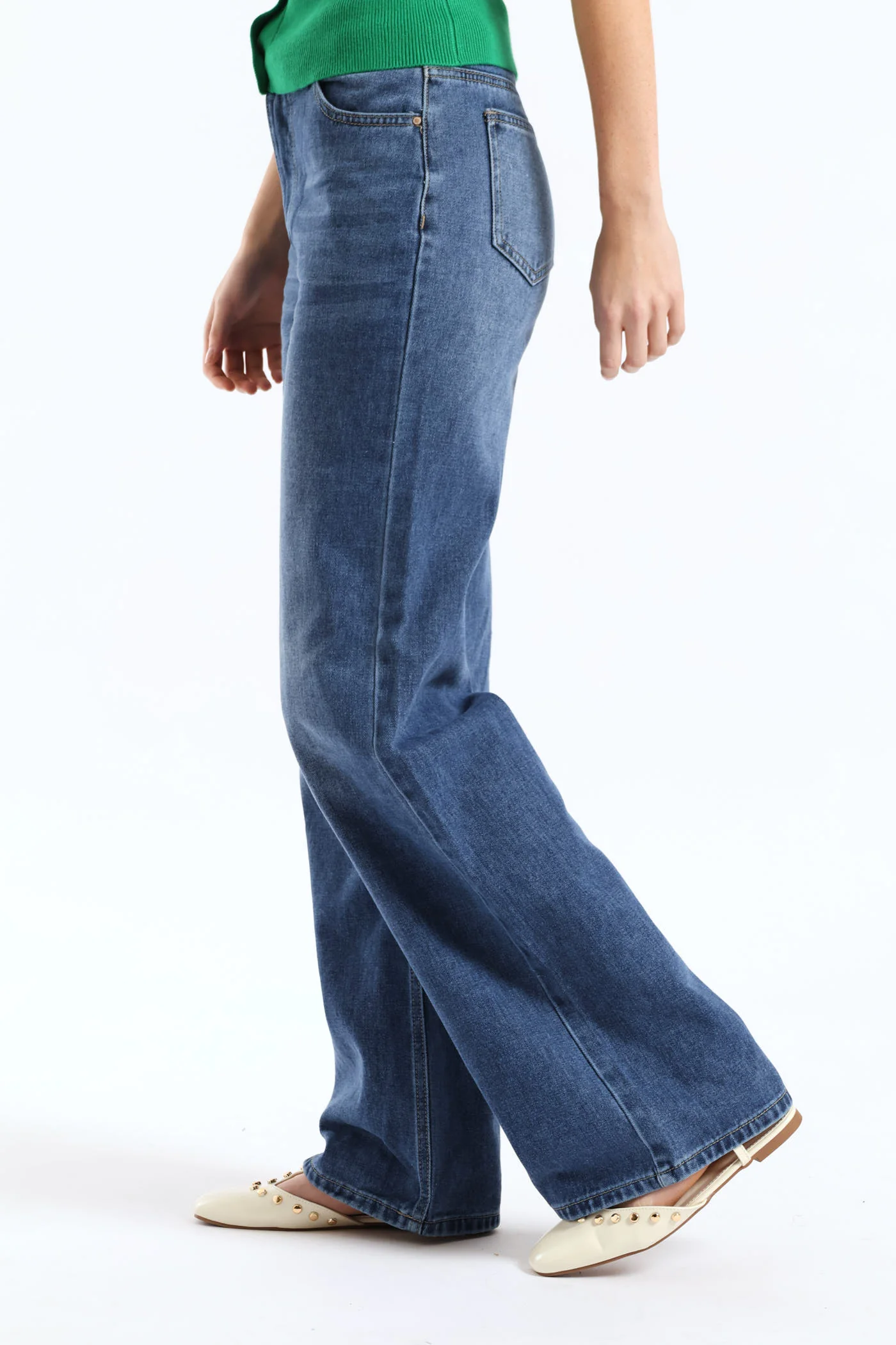 Hi Waist Drawcord Wide Leg Denim - Dark Wash - Image 3